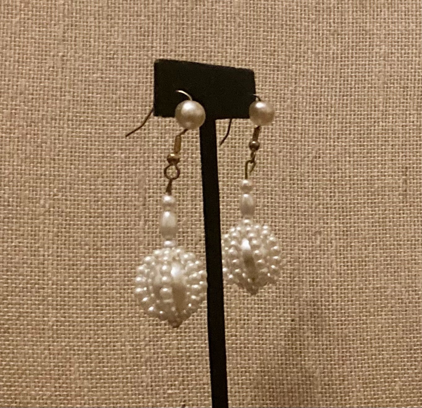 Vintage Faux Pearl Earrings Caged White Dangle Pierced Hook