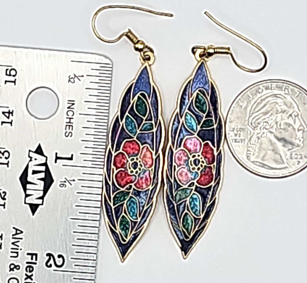 Vintage Enamel Poppy Flower Earrings Cloisonné Style Long Dangle Pierced