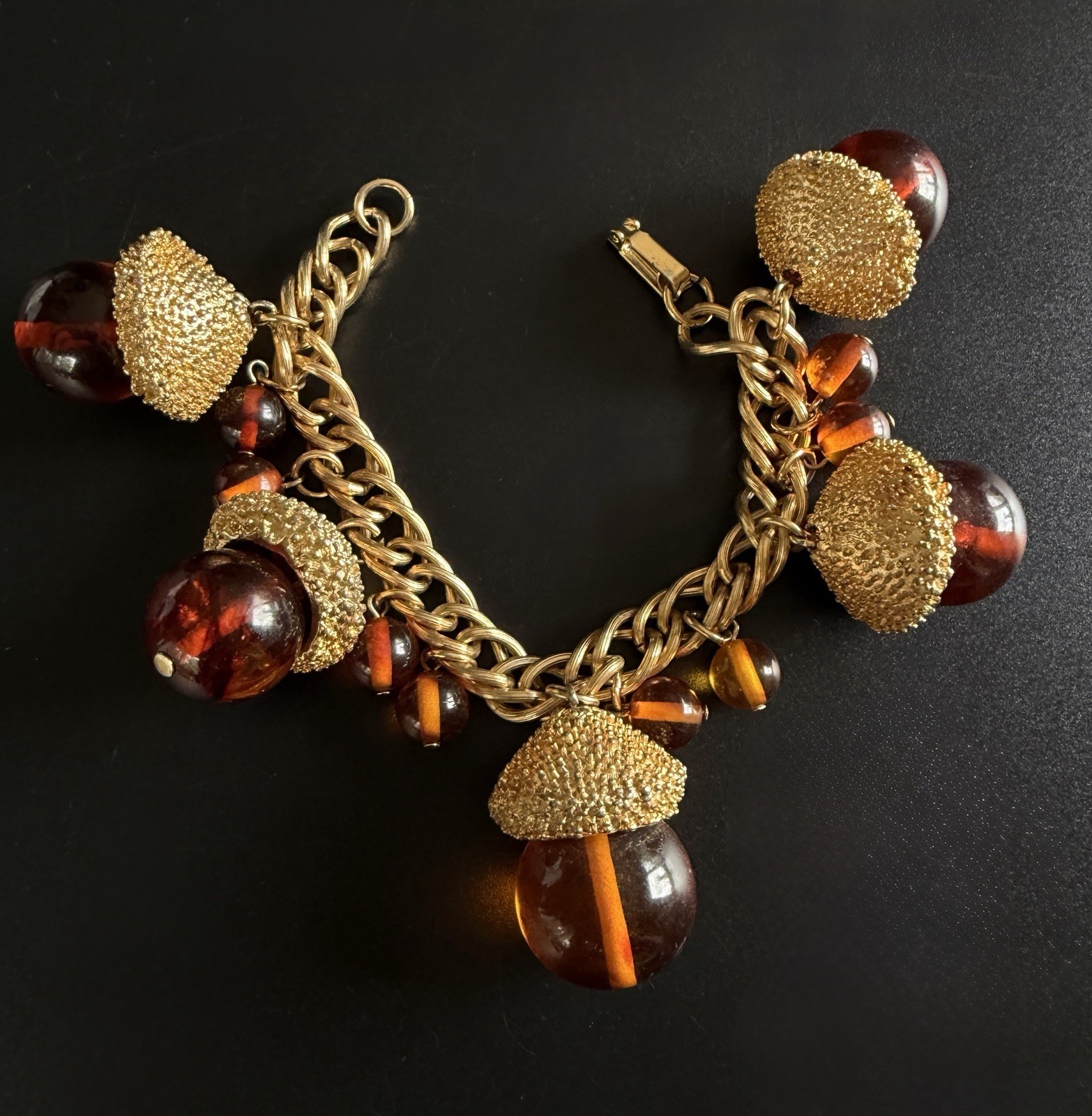 Vintage MCM Chunky Acorn Charm Bracelet Oversized Amber Glass Style Lucite Gold