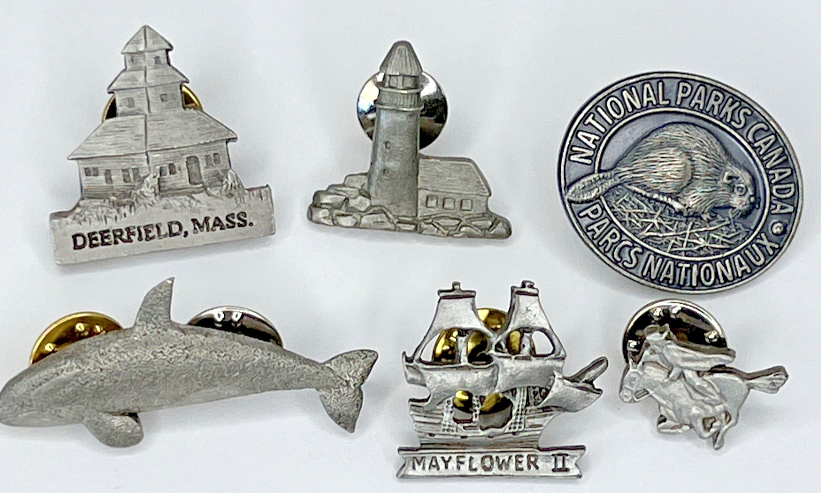 Vintage Mixed Lot 6 Pewter pins Shame Lighthouse Paul Revere Mayflower more SLX