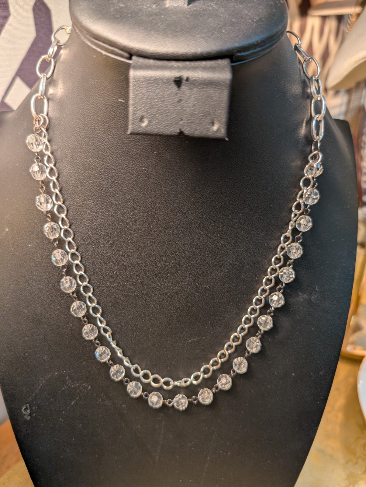 VTG NECKLACE 2 UNIQUE STRANDS ONE SILVER TONE CHAIN & ONE WITH FAUX CRYSTALS