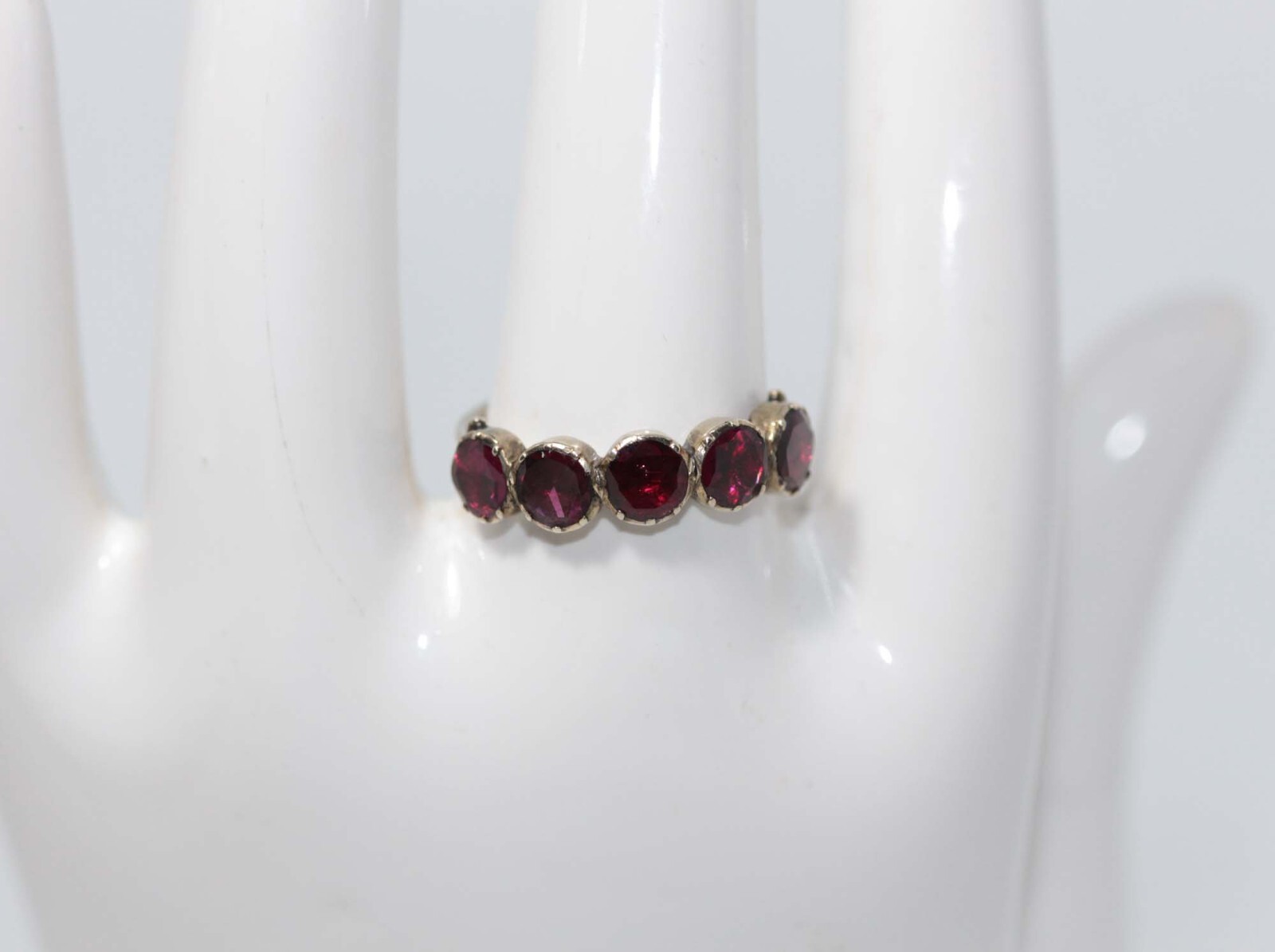 PRETTIEST GEORGIAN 9CT GOLD FIVE GARNET HALF HOOP RING in AMAZING CONDITION
