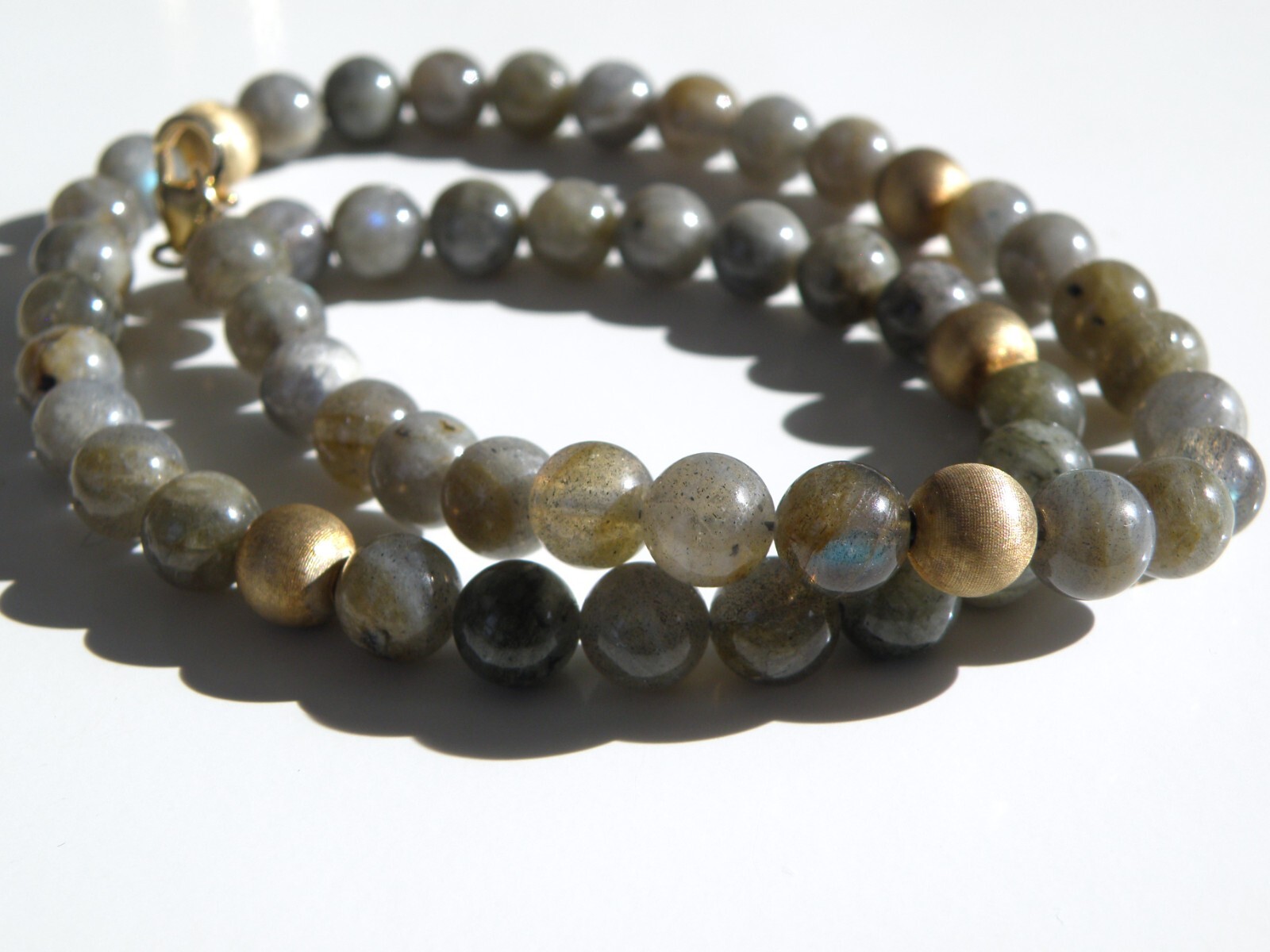 Vintage Sterling Silver 925 Gold on Natural Labradorite Bead Necklace 17.5″