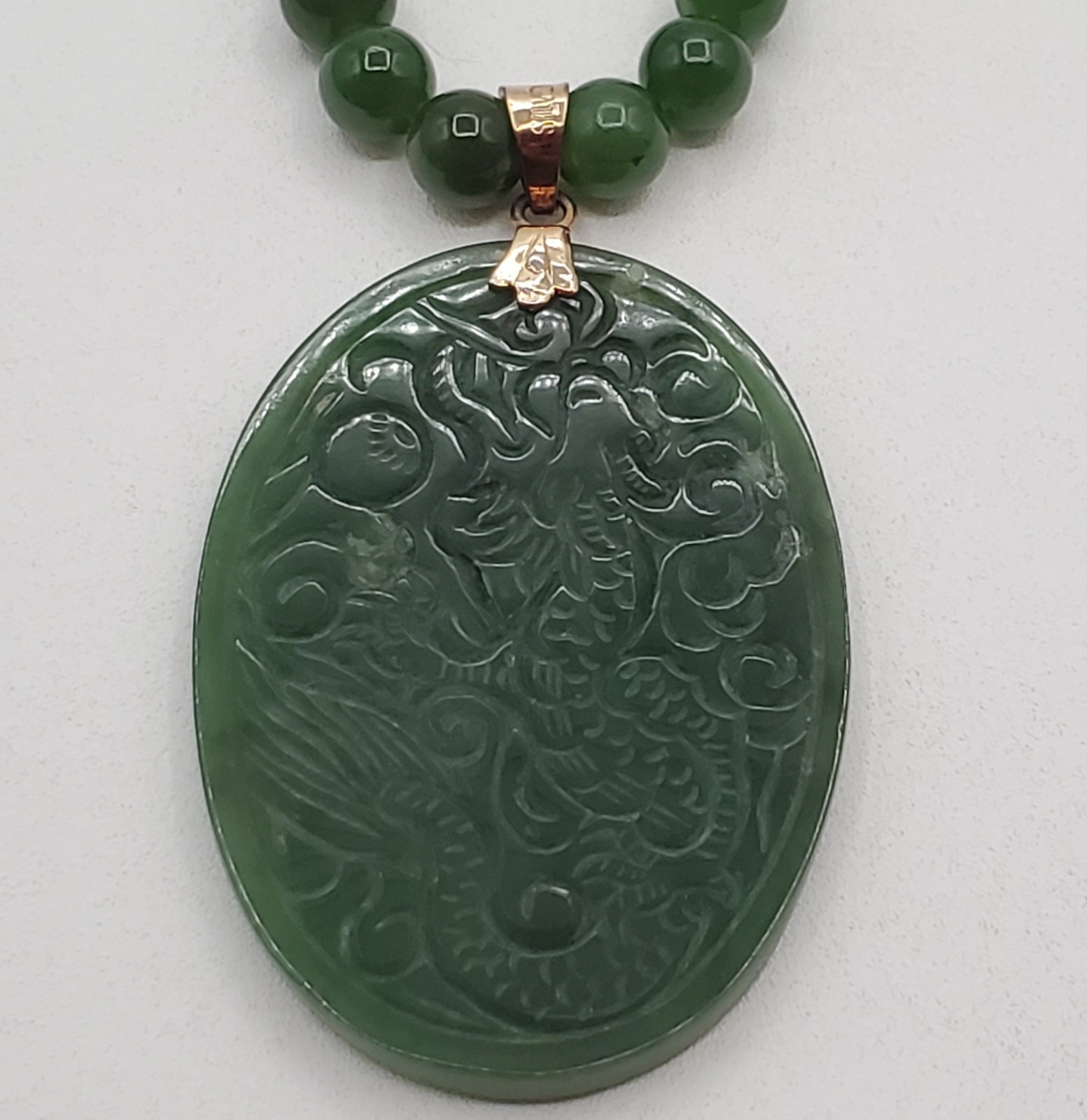 VTG 925 Spinach Jade Crane Dragon Pendant 24in Bead Necklace Carved Reversible
