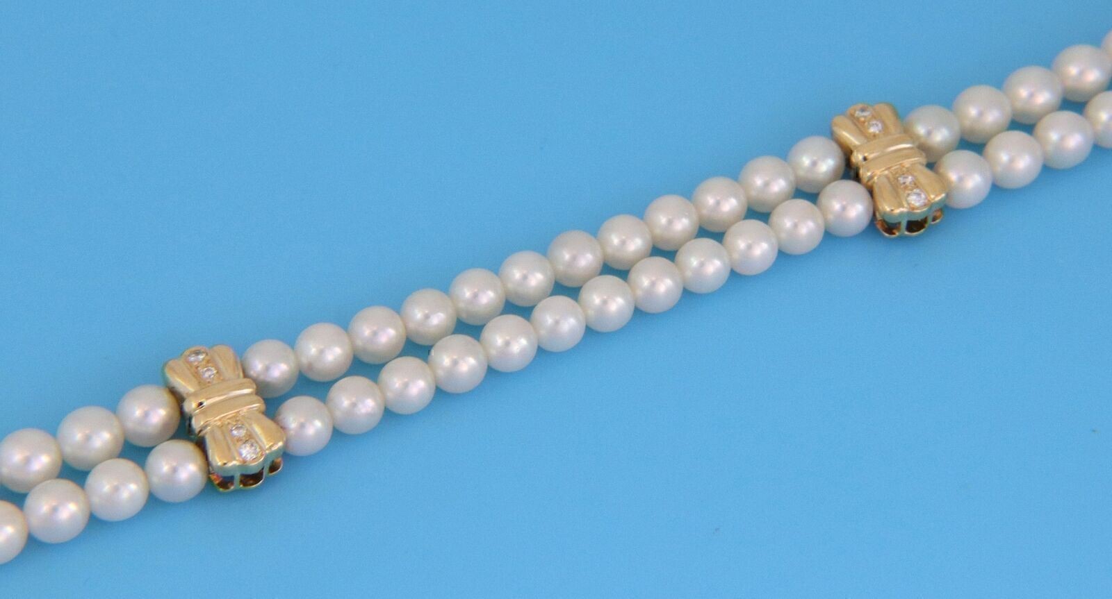 Mikimoto Pearl & Diamond 18k Yellow Gold Bow Motif Two Strand Bracelet
