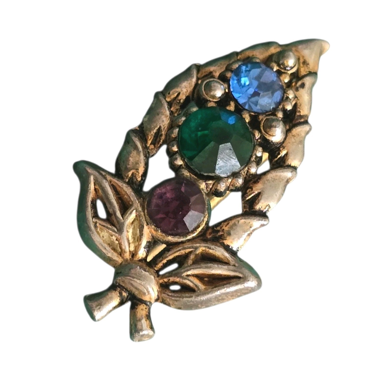 Vintage Scatter Pin Floral Leaf Spray MCM Blue Green Purple Rhinestones SKU 3446