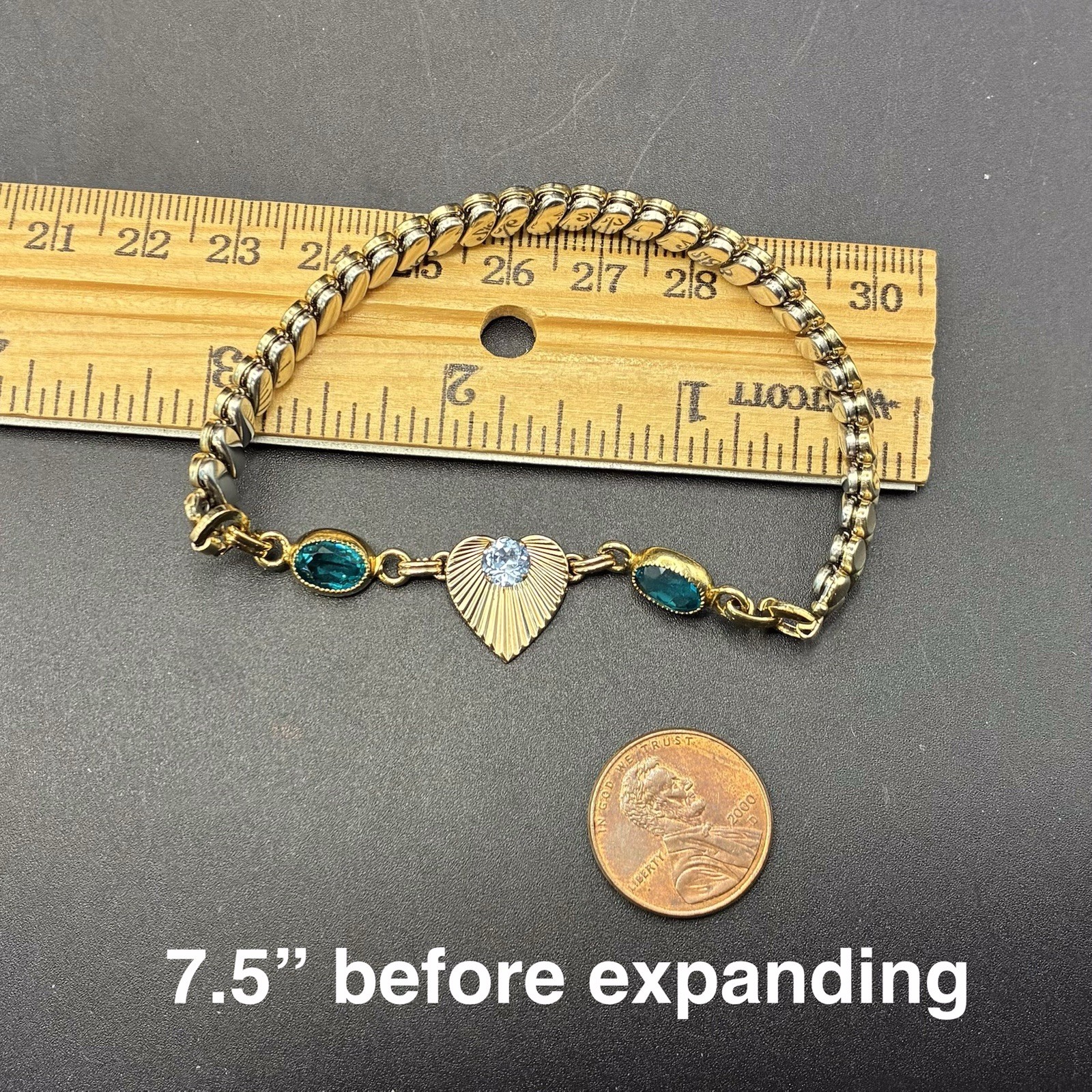 Custom Vintage Yellow Gold Filled Expansion Bracelet,Blue Glass Gems, Watch Band