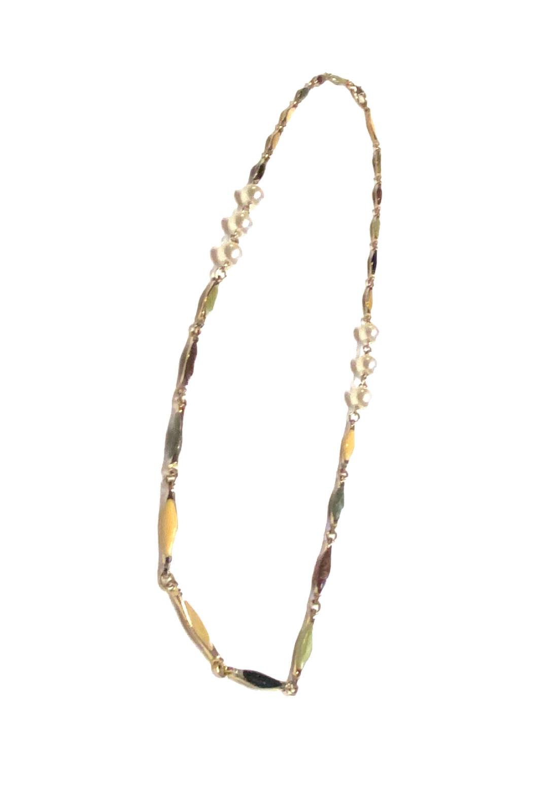 Vintage Gold Tone Multicolor Enamel Bar Link Elliptical Faux Pearl Necklace 25″