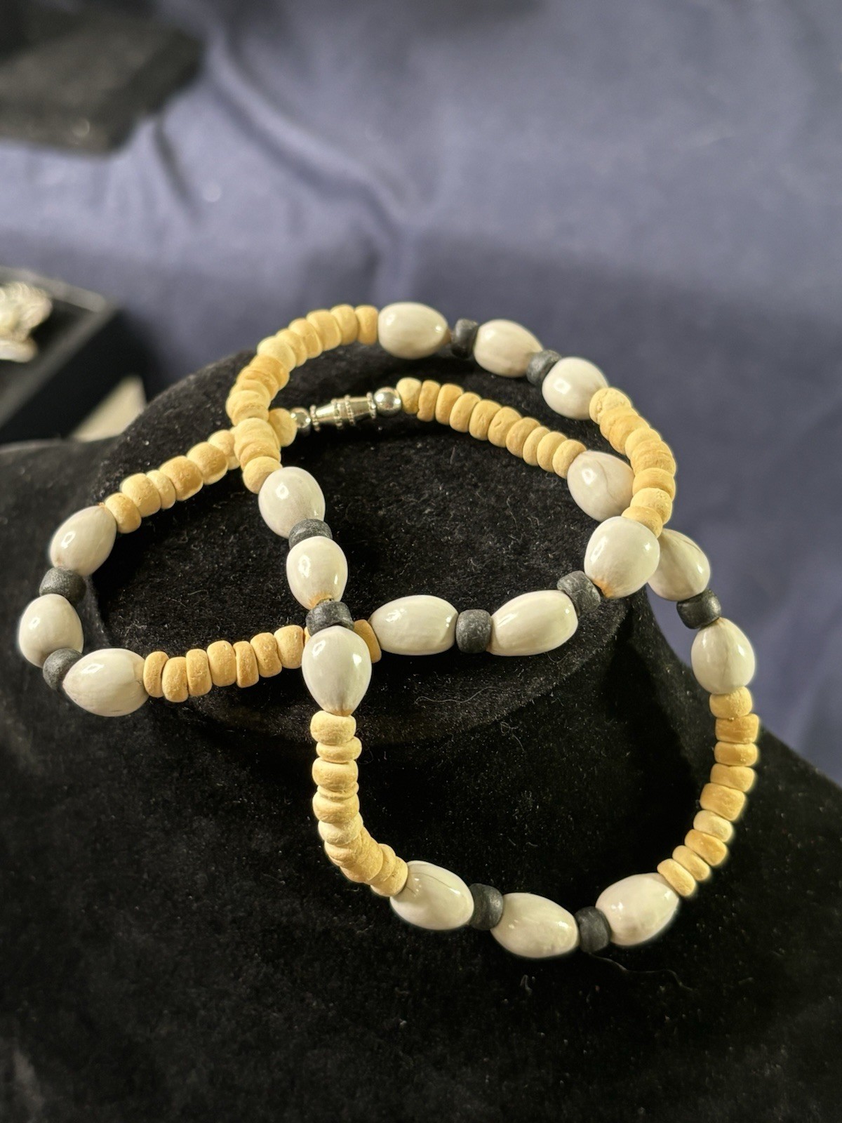 Vintage Wood Brown, White Ceramic, & Black Beaded Necklace