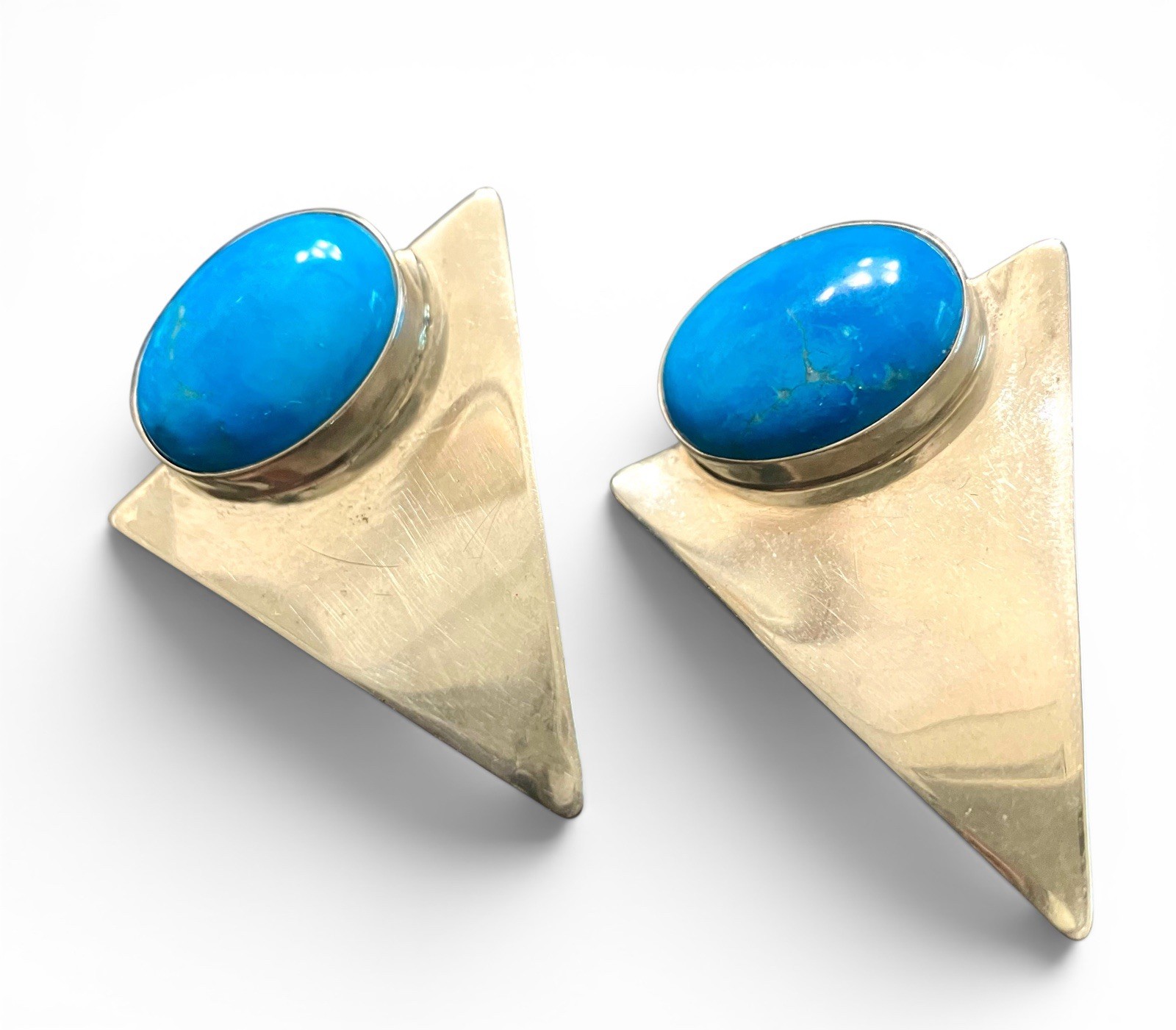 Vtg Sterling Silver Modernist Geometric Blue Cabochon Triangle Post Earrings