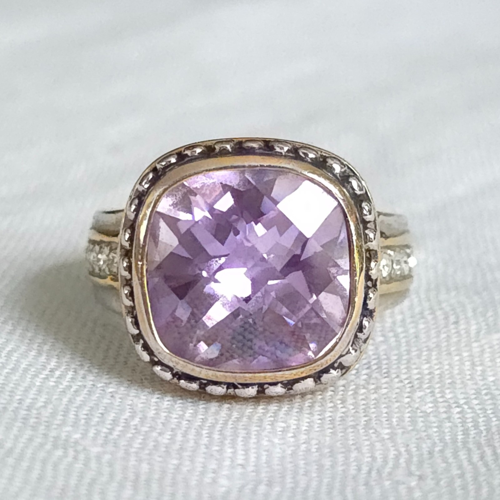 Sterling Silver Lavender CZ Ring Cushion Cut Gold Accent Halo Size 7.5 Statement