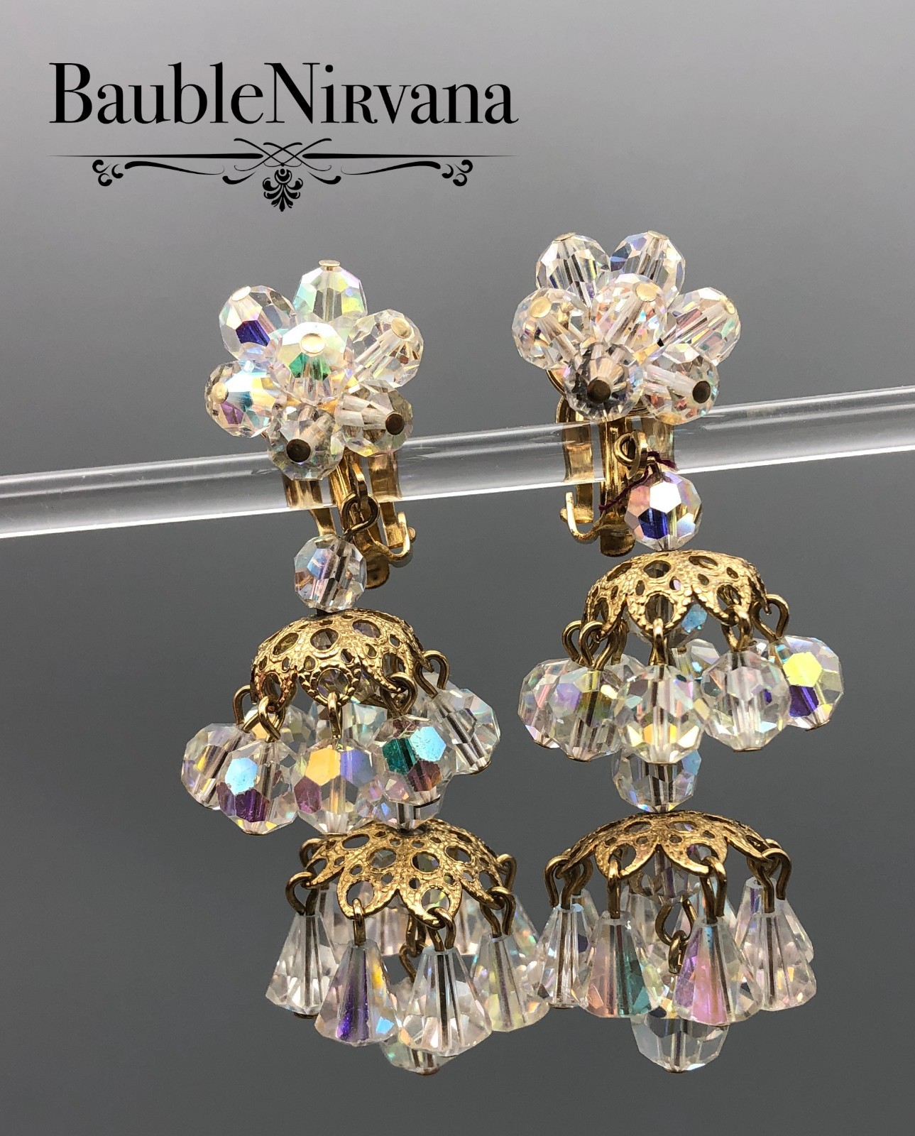 Vintage Austrian Crystal AB Bell & Round Faceted Beads Chandelier Earrings