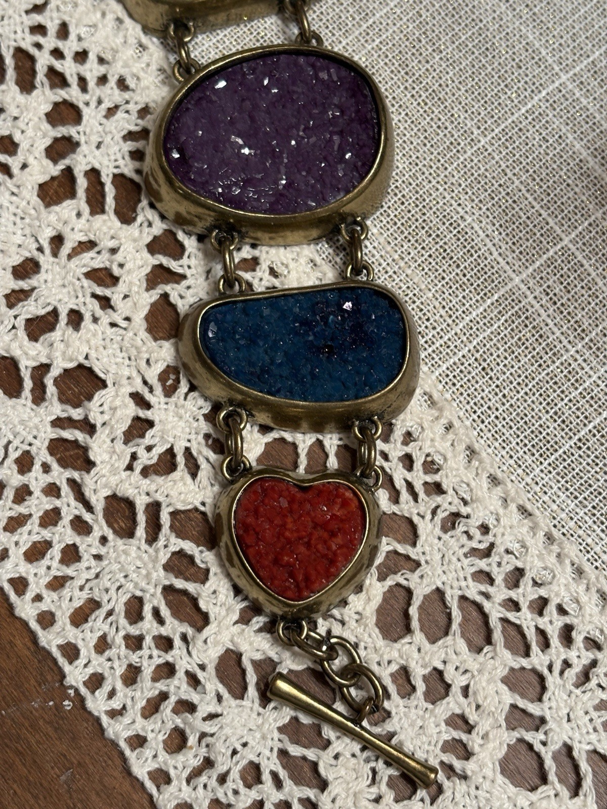 Vintage Handmade 5 Color Geode & Brass Link Chunky Bracelet Toggle Clasp BOHO