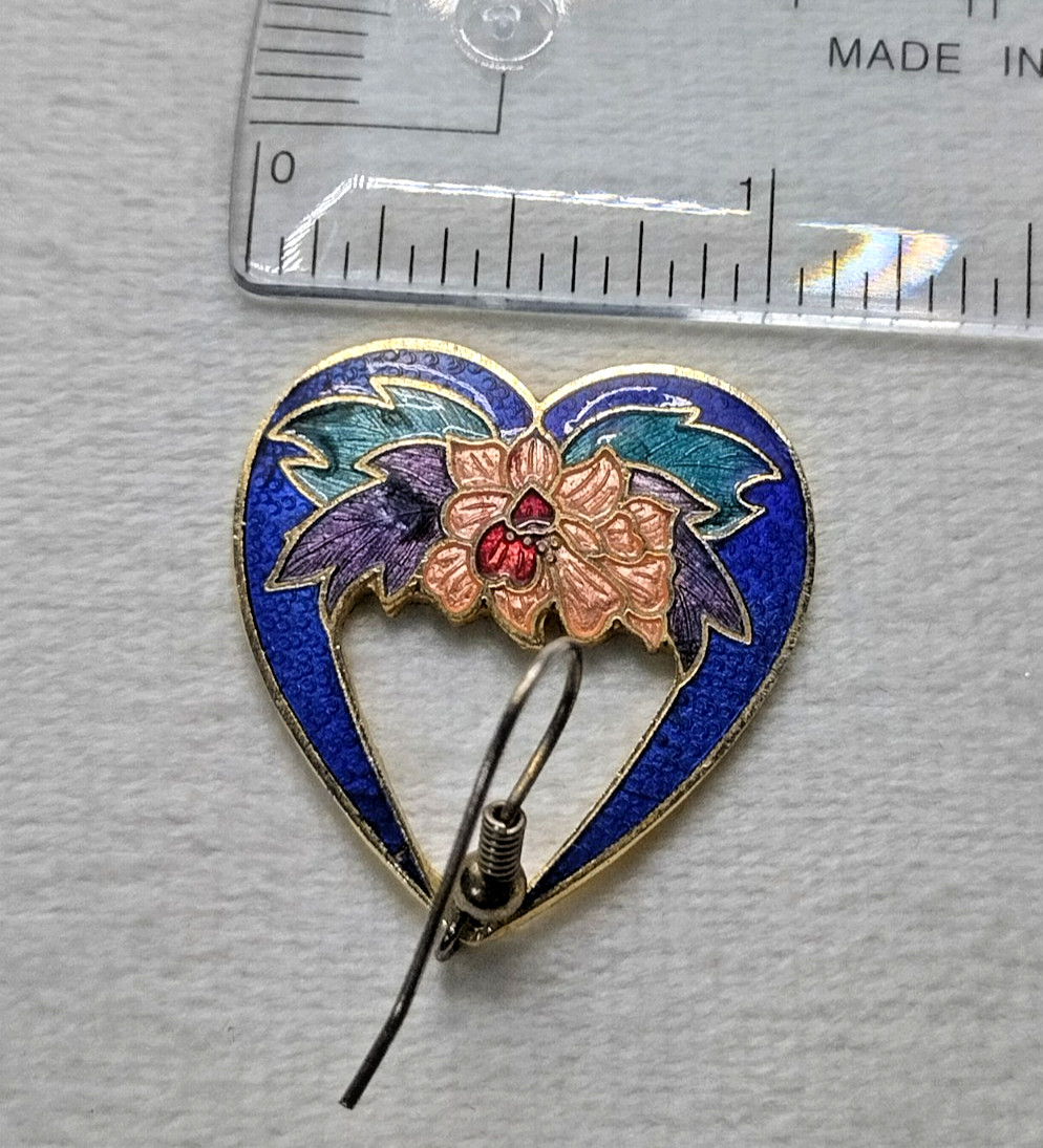 Vintage Cloisonne Blue Pierced Earrings Peach-Colored Flowers 2 Small Red Hearts