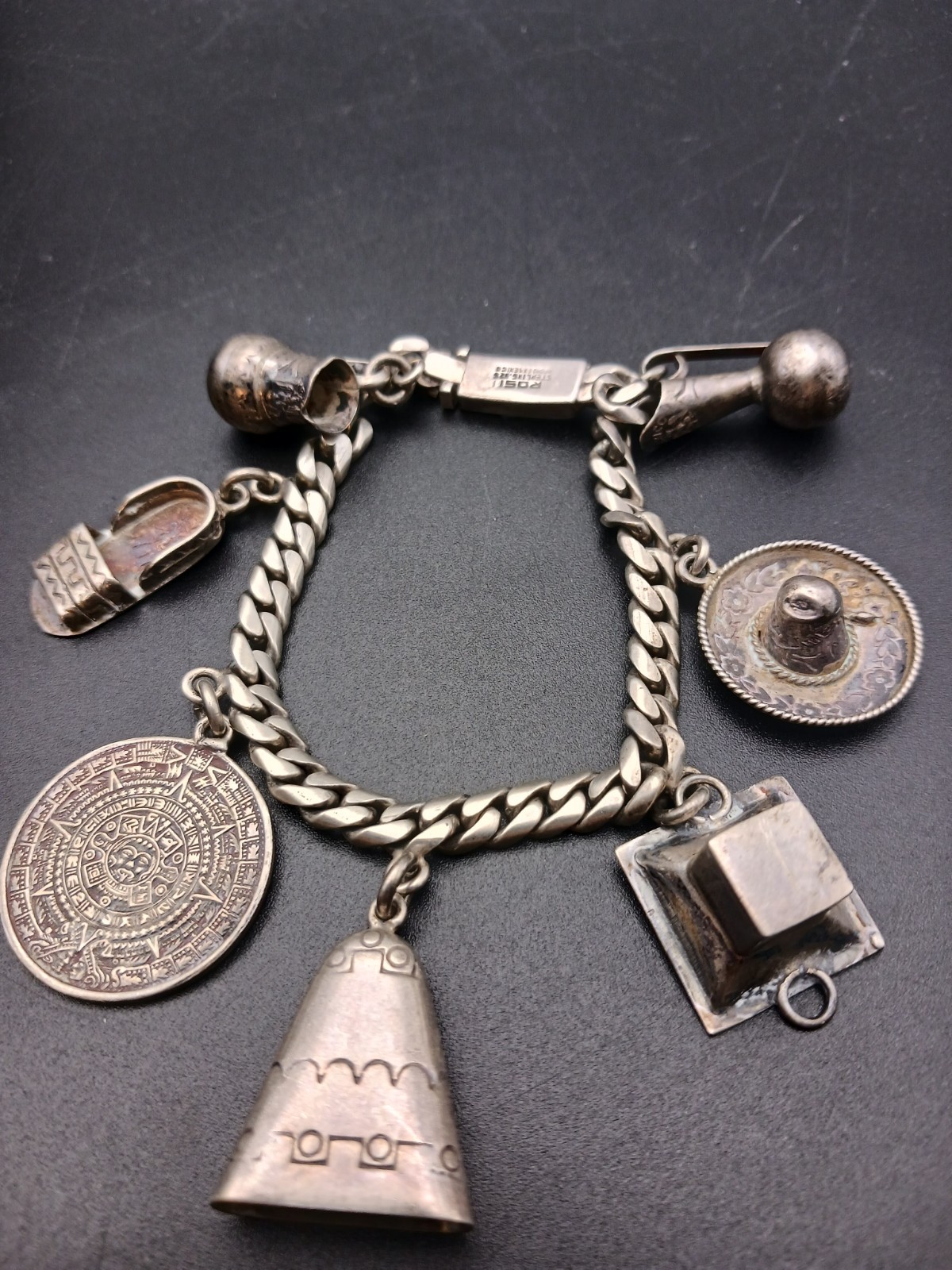 Vtg ROSI Mexican Sterling Silver Charm Bracelet 44g Aztec Calendar Sombrero 925