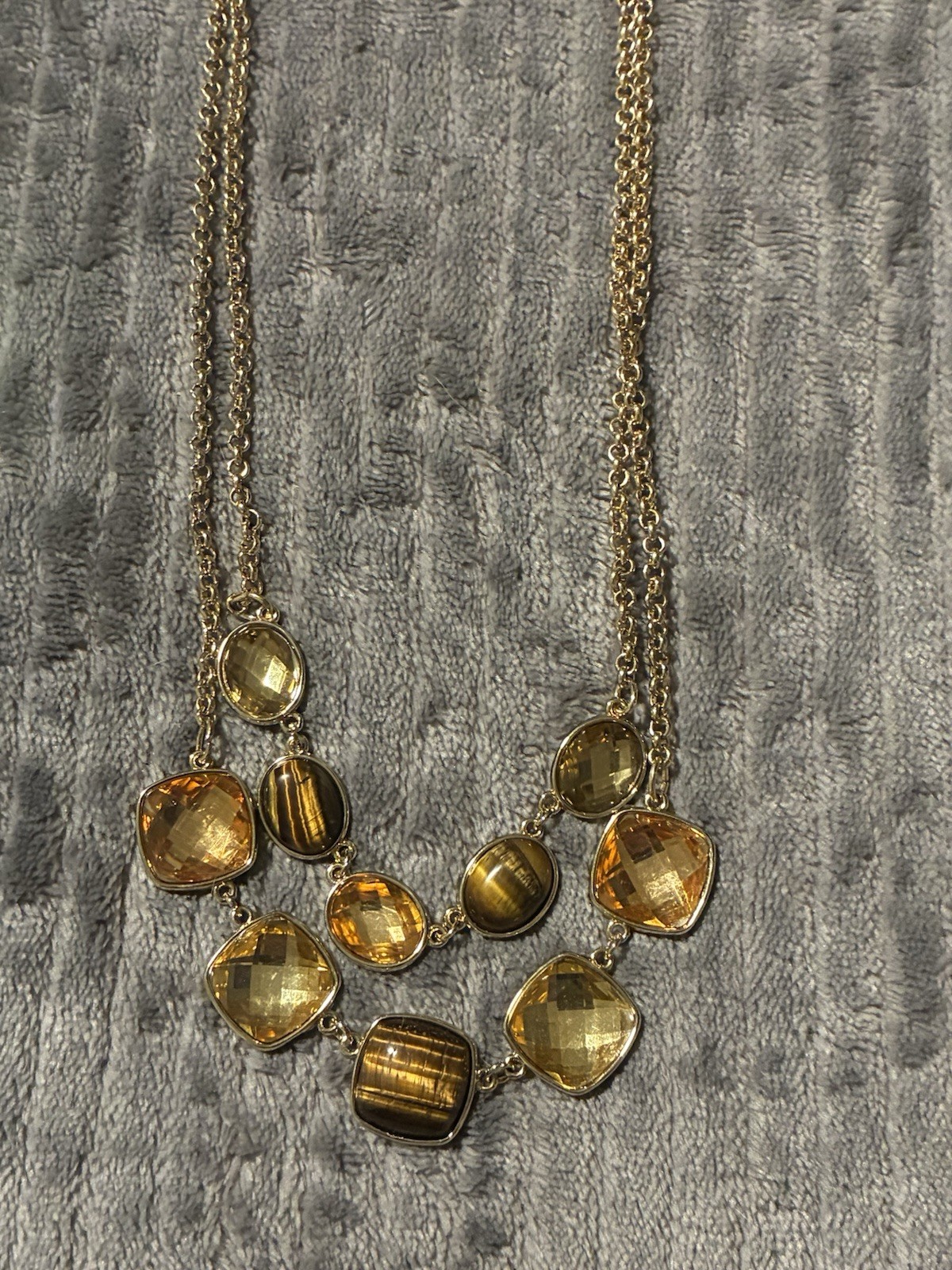 Gold Toned Tigers Eye W/yellow Stones, Double Strand Bib Necklace 18” NWT
