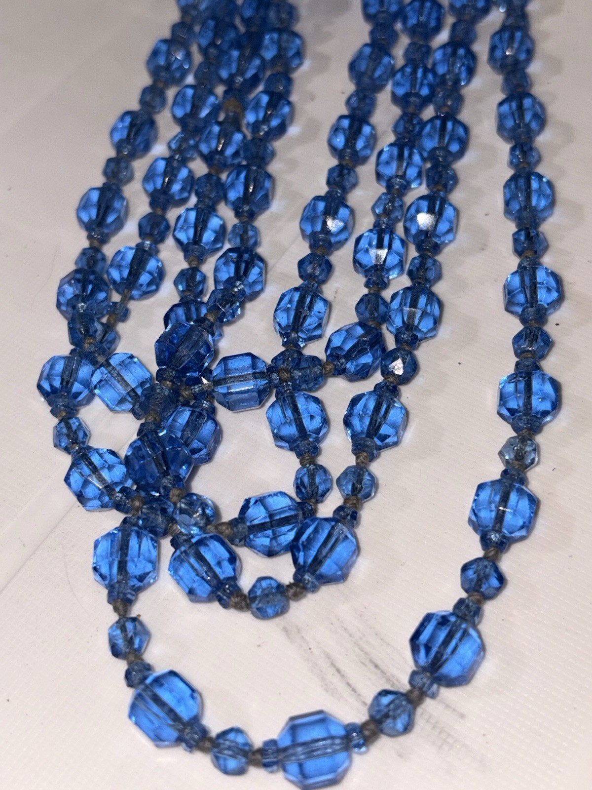 Antique 1920s Flapper Czech Glass Long Necklace Ceylon Sapphire Blue Beads 64”
