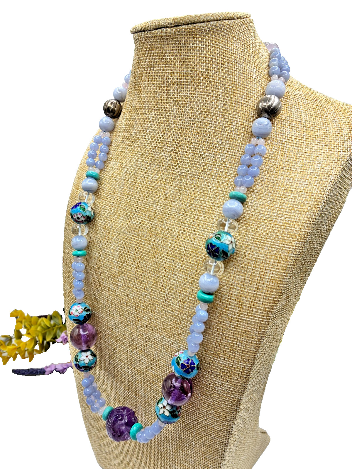 Amazing Chinese Enamel Silver Cloisonne Amethyst Turquoise Blue Agate Necklace