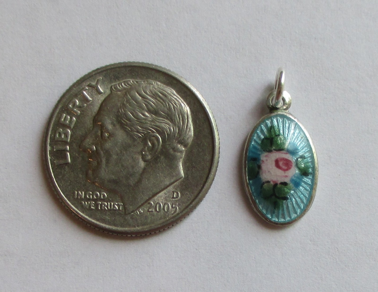 9/16in SMALL VINTAGE STERLING SILVER BLUE GUILLOCHE ENAMEL ROSE FLOWER CHARM