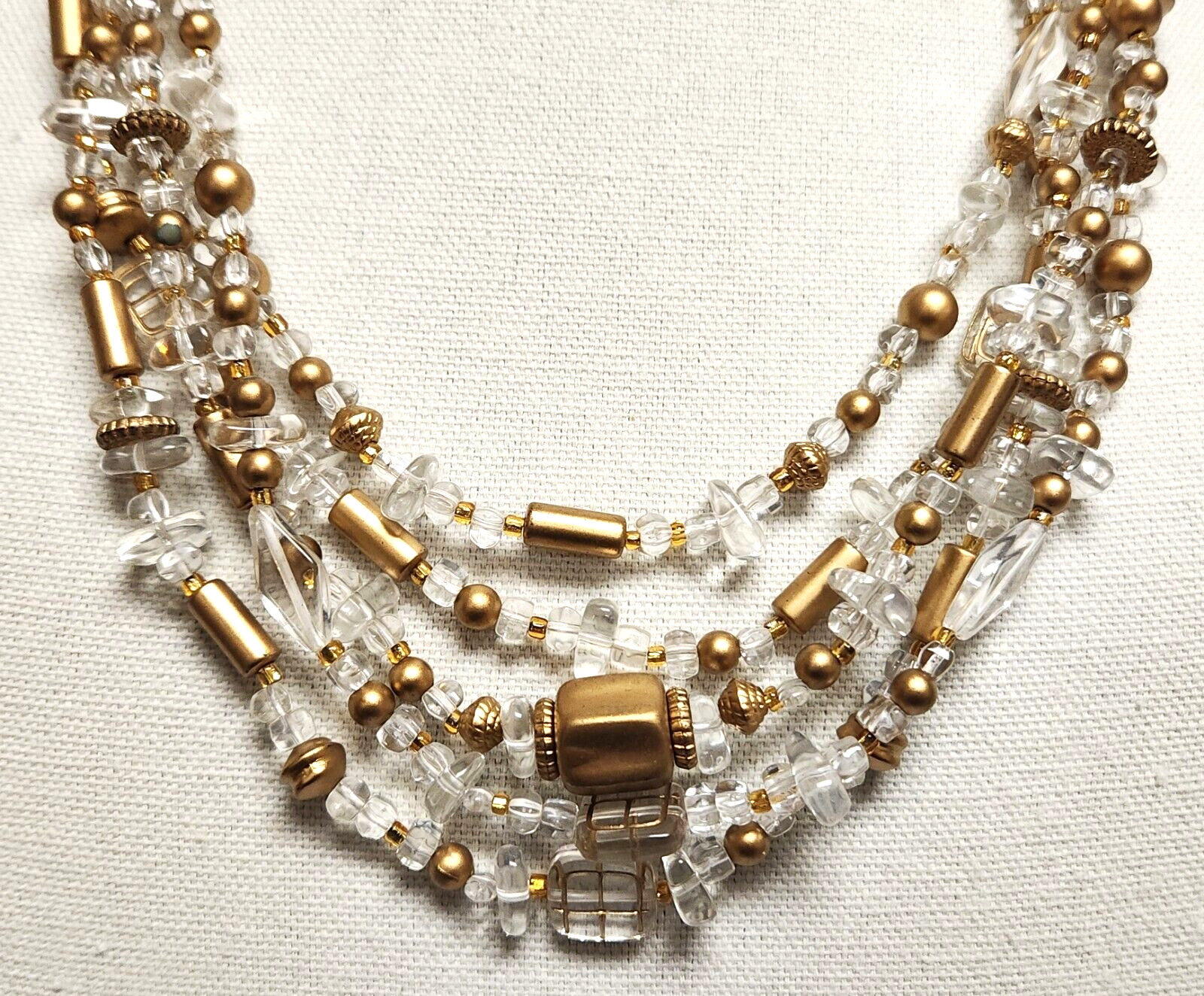 Gorgeous Vintage Clear & Gold Lucite Necklace 23.5″ x 4″ Orig Tag Made in China