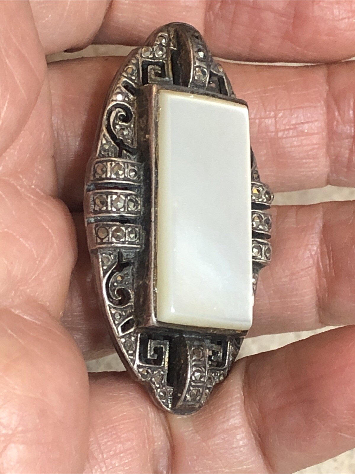 22. Art Deco Sterling Silver 925 MOP Marcasite Shadow Box Throat Pin 45mm, 17.3g