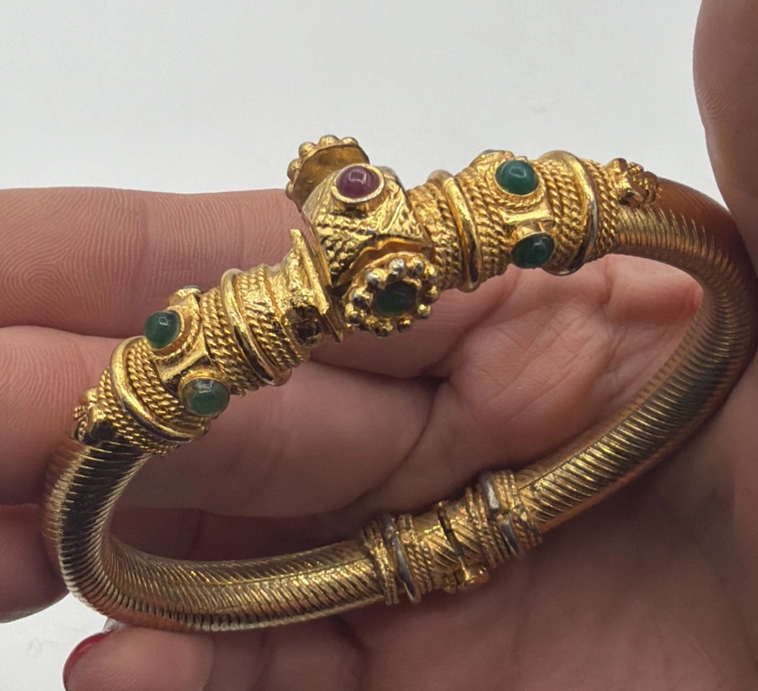 Vintage 18K Gold Plated Bracelet Ornate Green & Red Gemstone Design Elegant