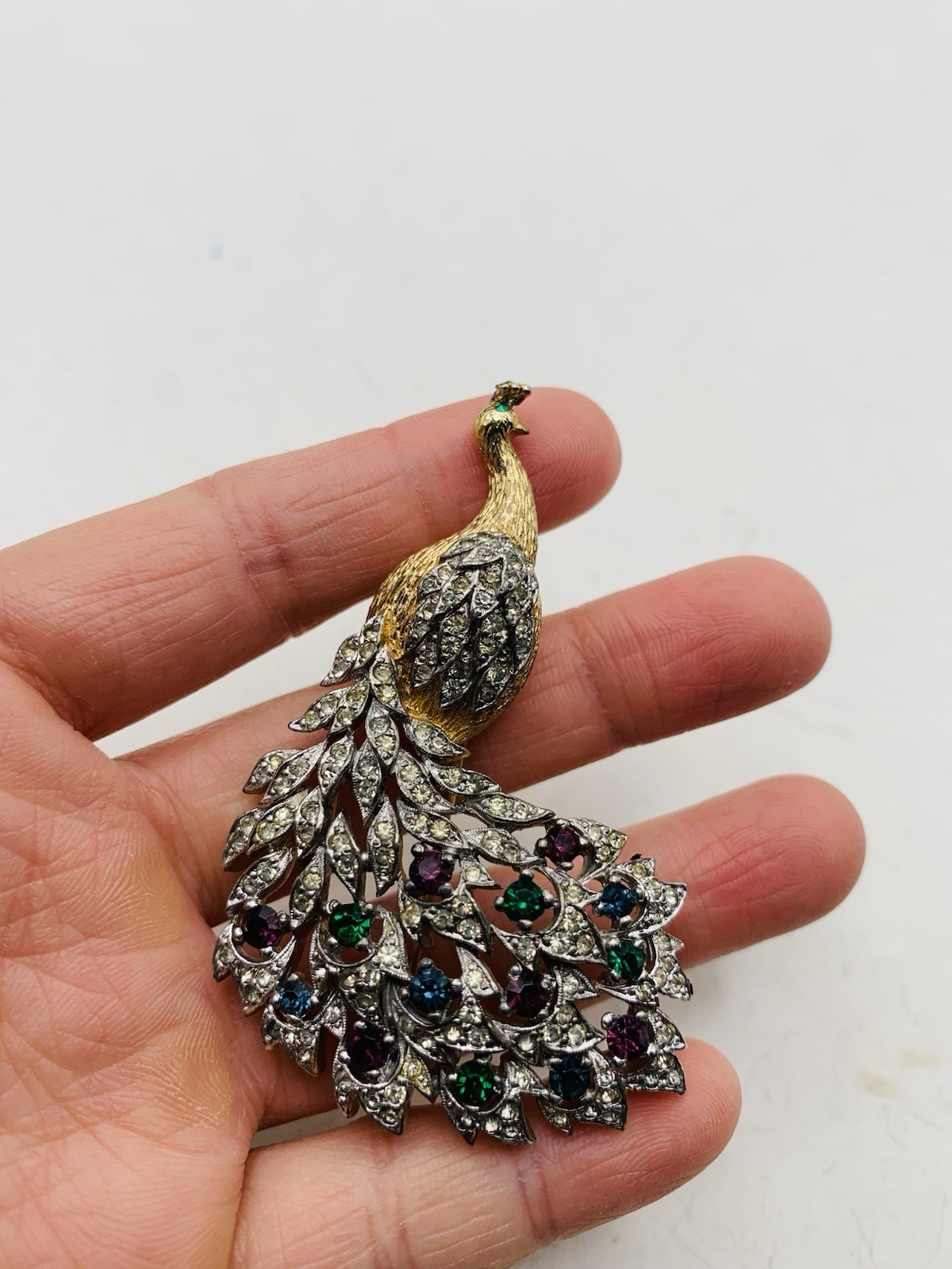 Vintage Signed Panetta Peacock Bird Crystal Gold Tone Blue Purple Green Brooch