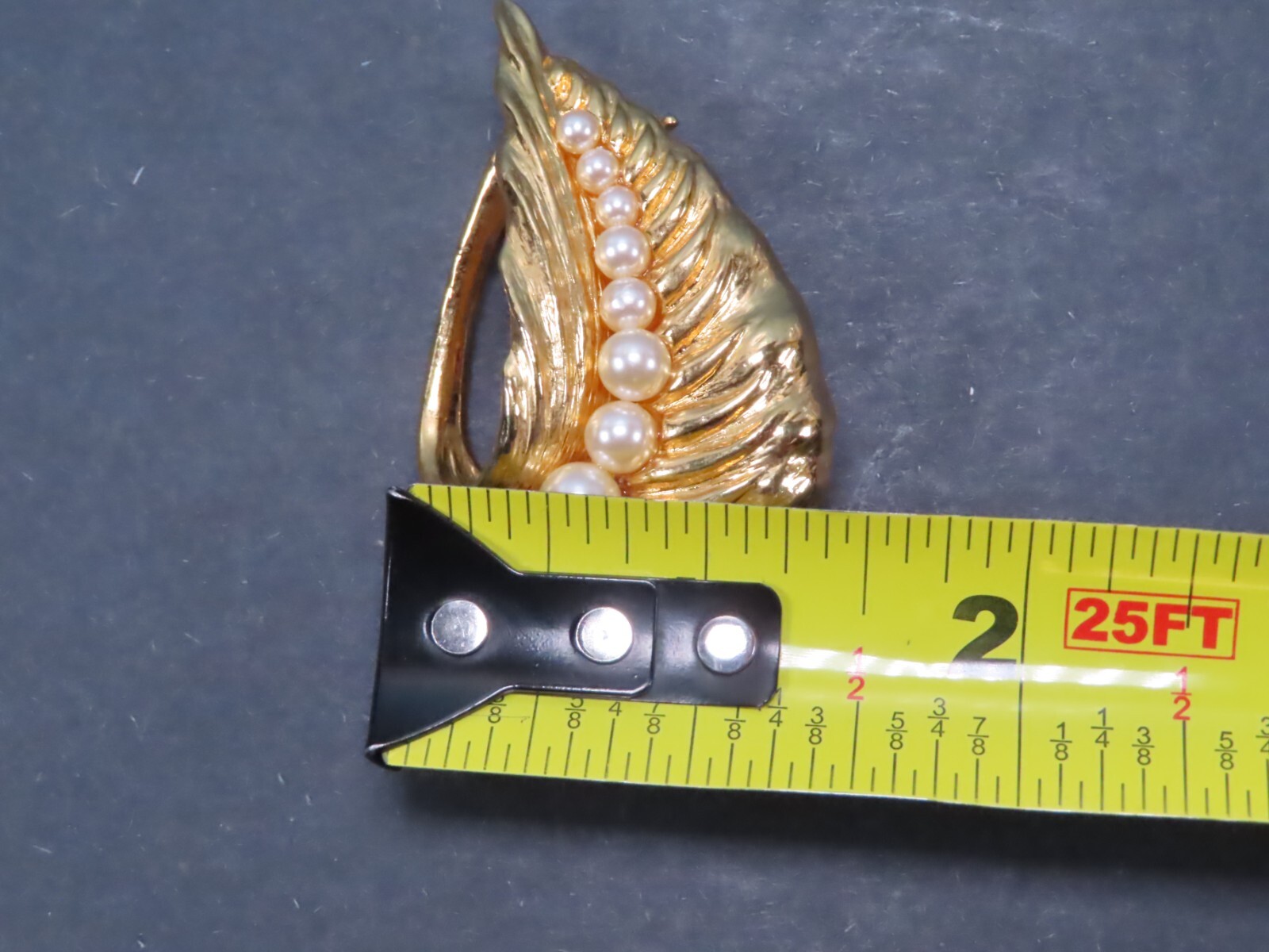 Gold Tone Faux Pearl Leaf Flower Brooch Lapel Pin 2.5″