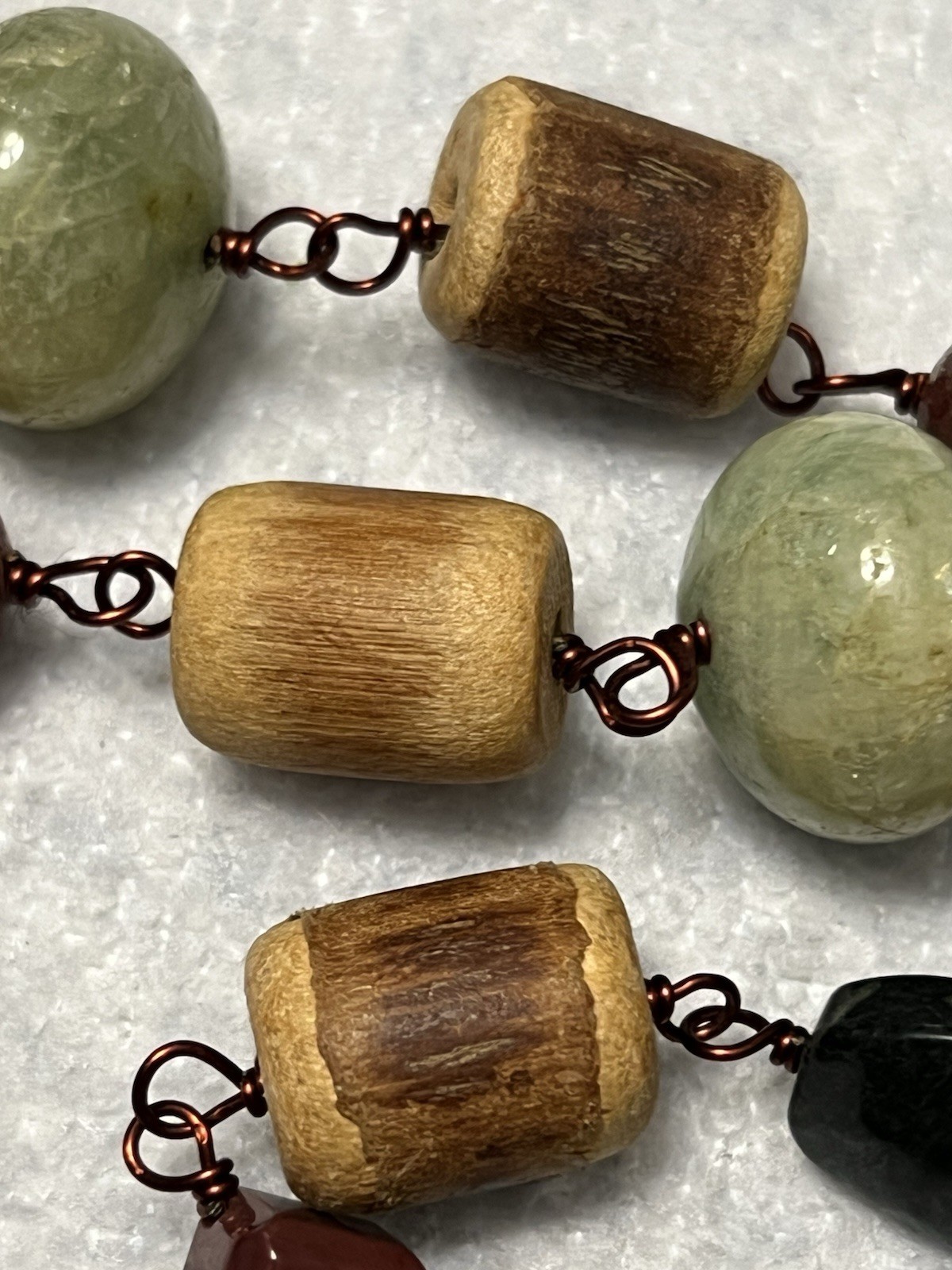 ESTATE CHINESE CARVED TIGERS EYE, JADE JASPER STONE NECKLACE 18” STERLING COPPER