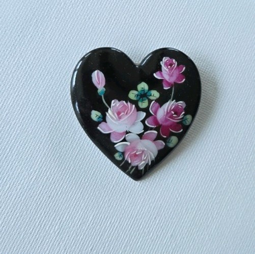 Hand Painted Heart Brooch With Pink Flowers 2 Inches Clay