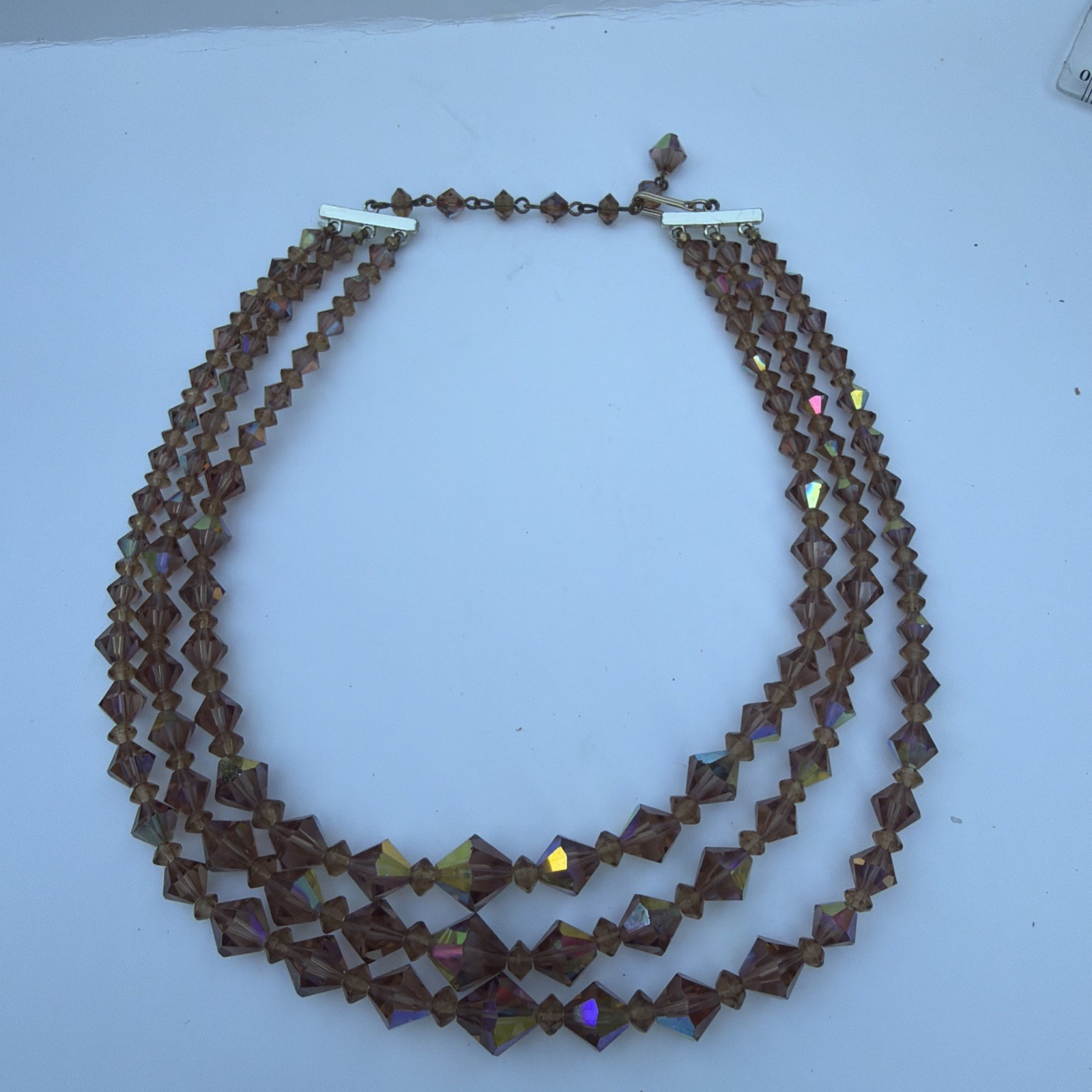 Vintage Graduated Iridescent Three Strand Champagne Bicone Crystal Bead Necklace
