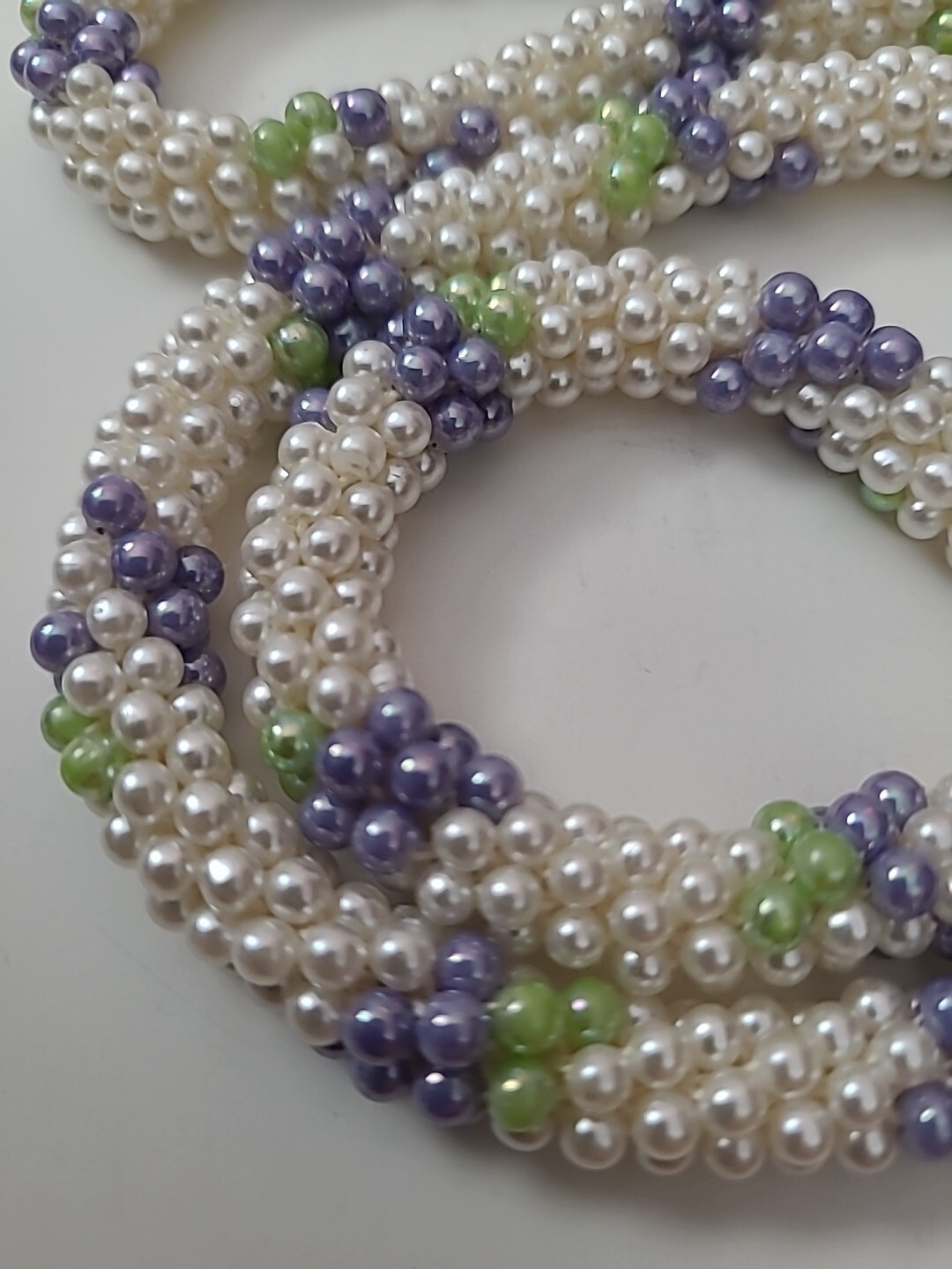 VTG Long White Purple Green Seed Beaded Rope Necklace Unsigned 1960’s 1970’s