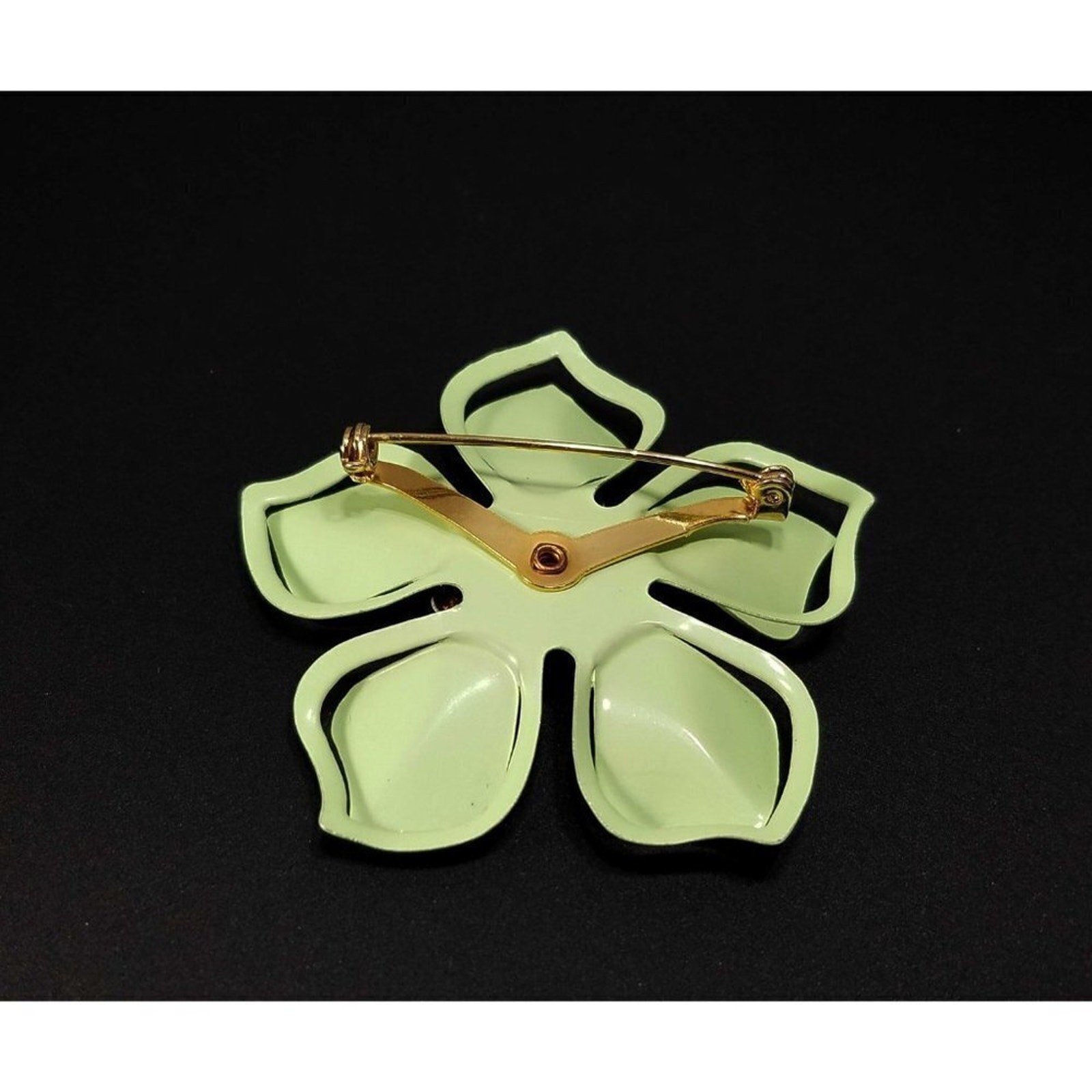 Vintage Light Green Flower Brooch, Enamel On Metal, 1960s, 2 3/8 Inches