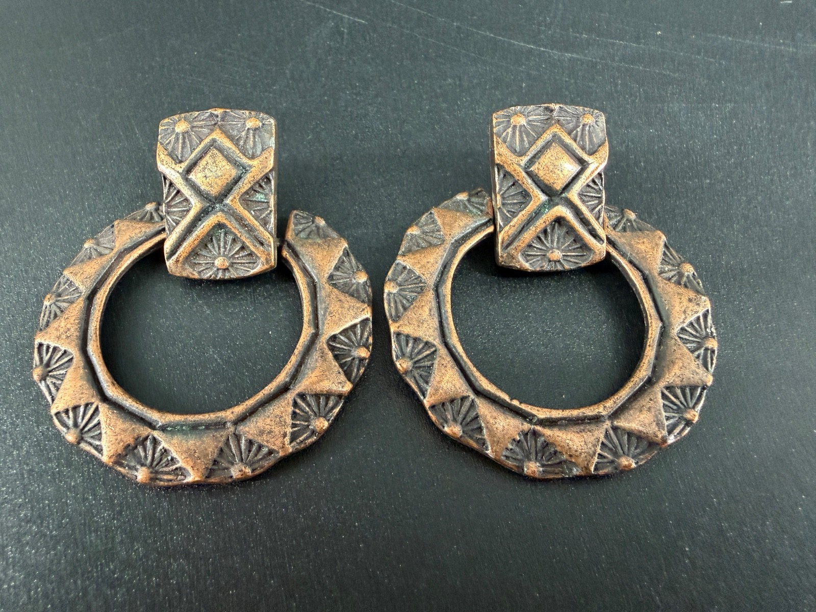 Vintage Southwestern Copper Tone Hoop Earrings Tribal Statement Door Knocker