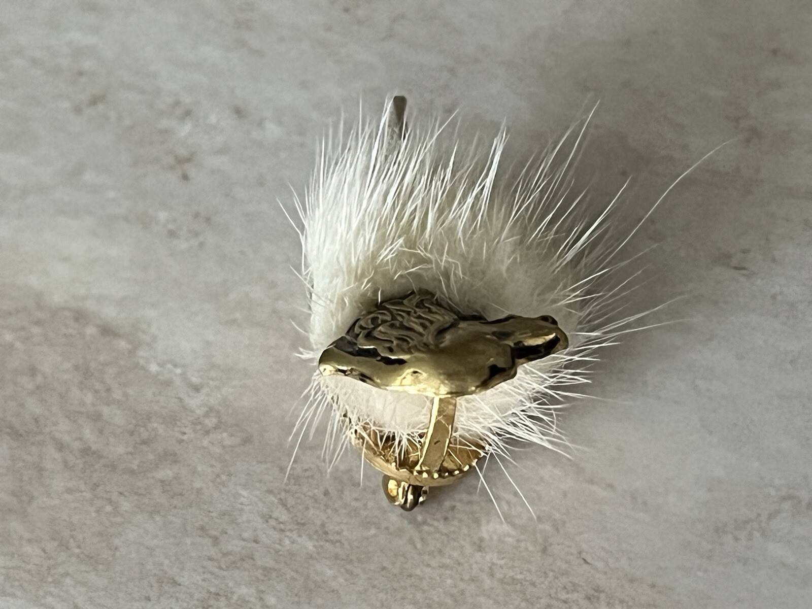 Vintage West Germany Signed Gold Tone White Faux(?) Fur Dog Brooch Pin