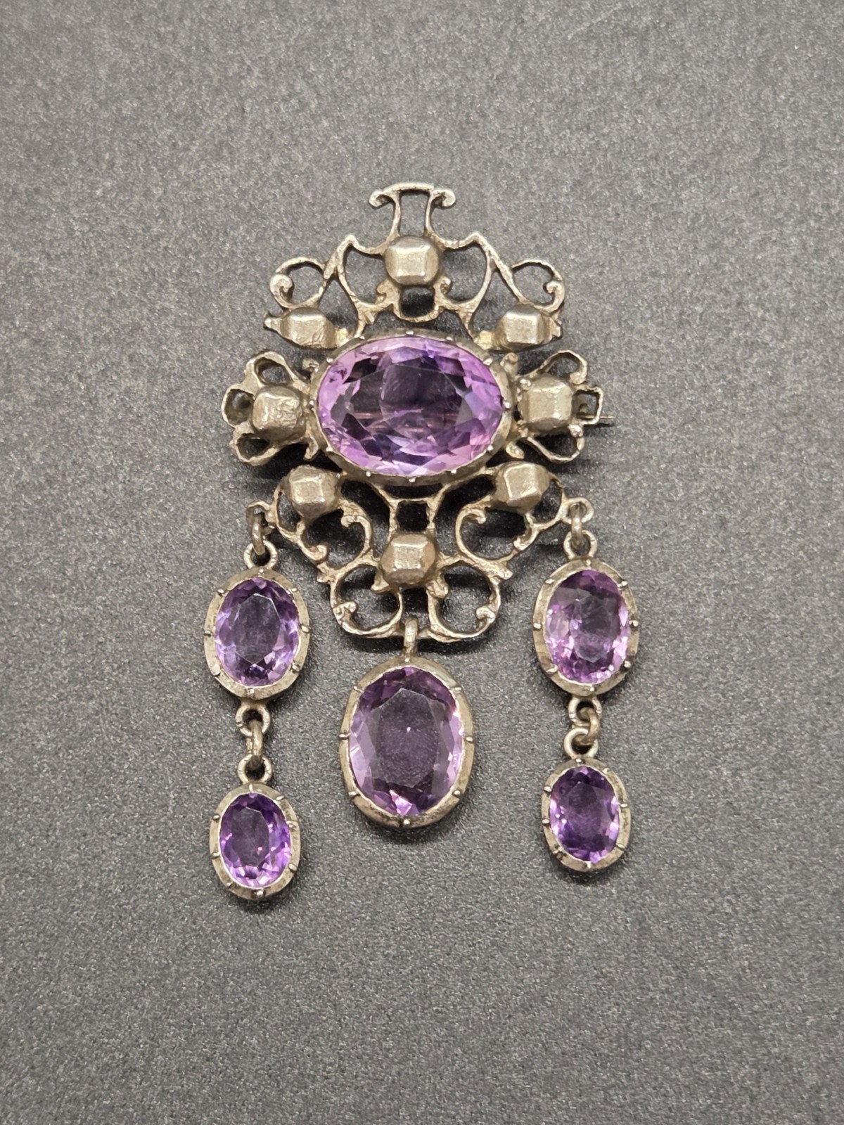 Antique Victorian Sterling Silver Purple Amethyst Dangle Brooch Festoon Pin OOAK