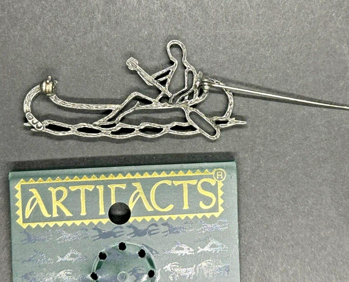 J J Jonette Jewelry Vintage NWT Canoe Paddle Person Waves Brooch Pin Pewter
