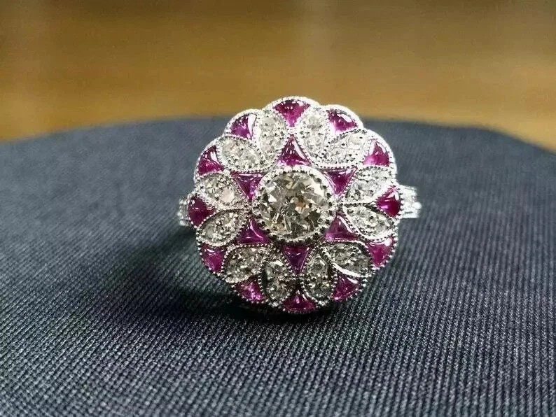 Floral Art Deco Style Round Lab Created Diamond14K White Gold FN Engagement Ring