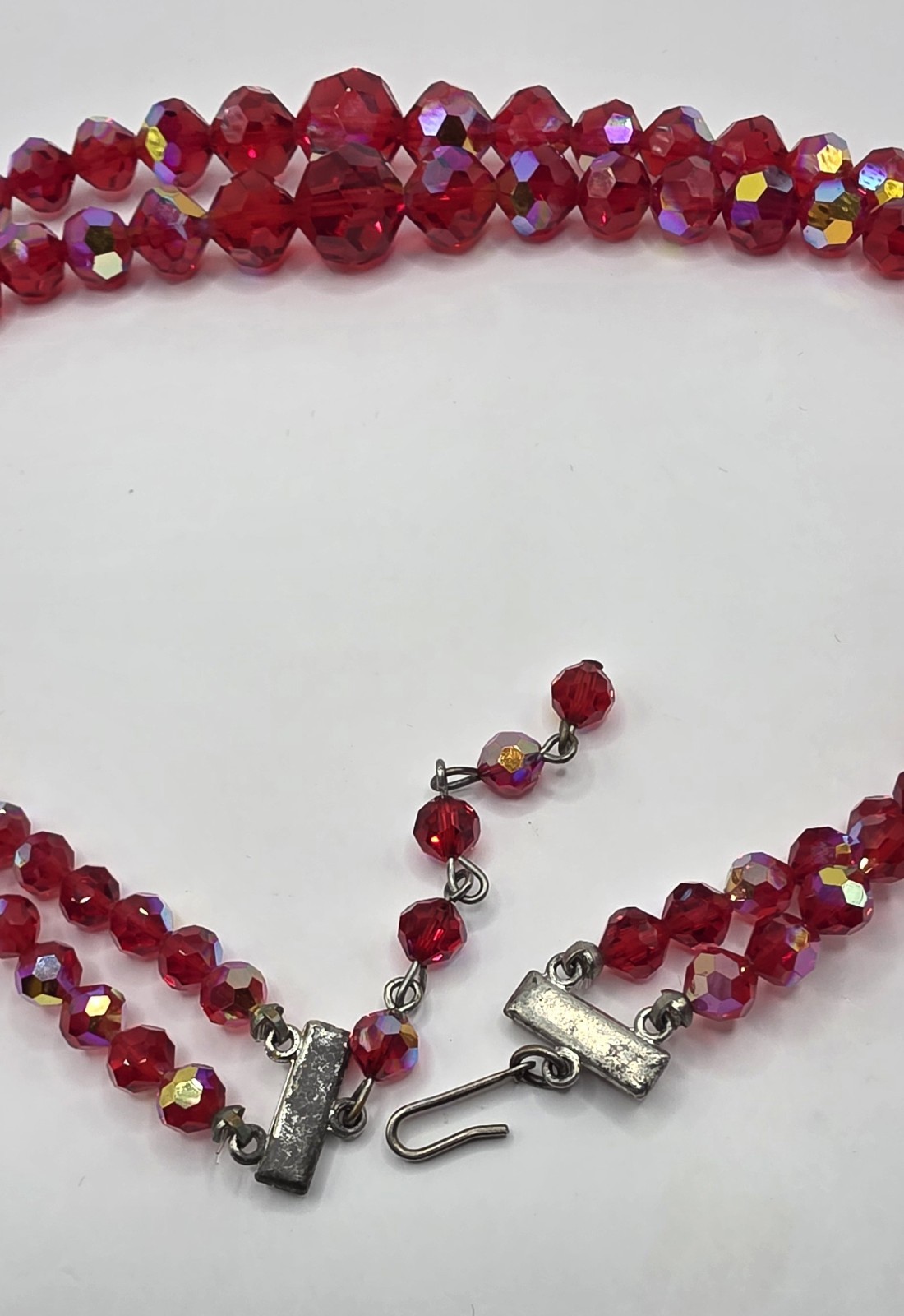 Vintage Red AB Glass Crystal Choker Necklace 2 Strand Faceted 16.5 With Extender
