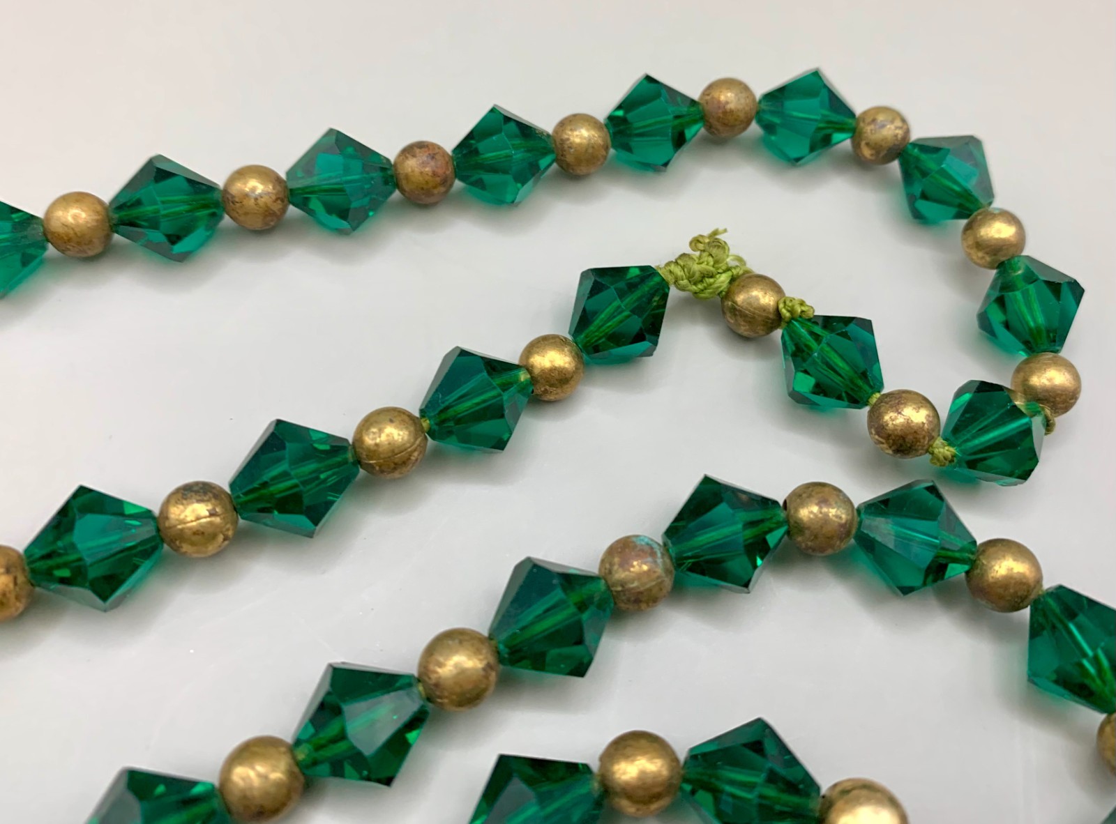 Art Deco Glass Beads Necklace Evergreen Bicone Brass Beads Long 36″ READ