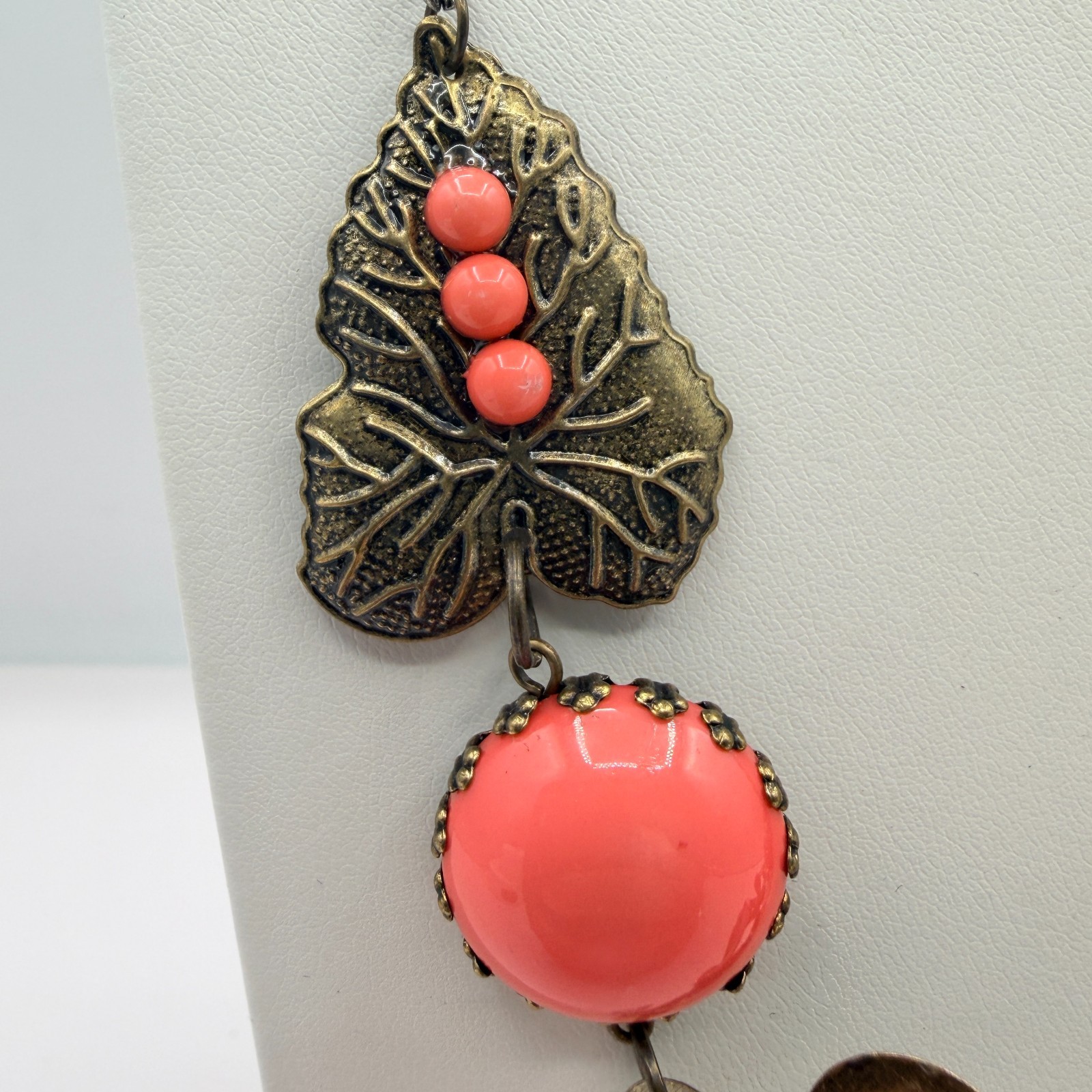 Vintage Bronze Tone Floral Bib Necklace Statement Orange Faux Coral Bead Boho