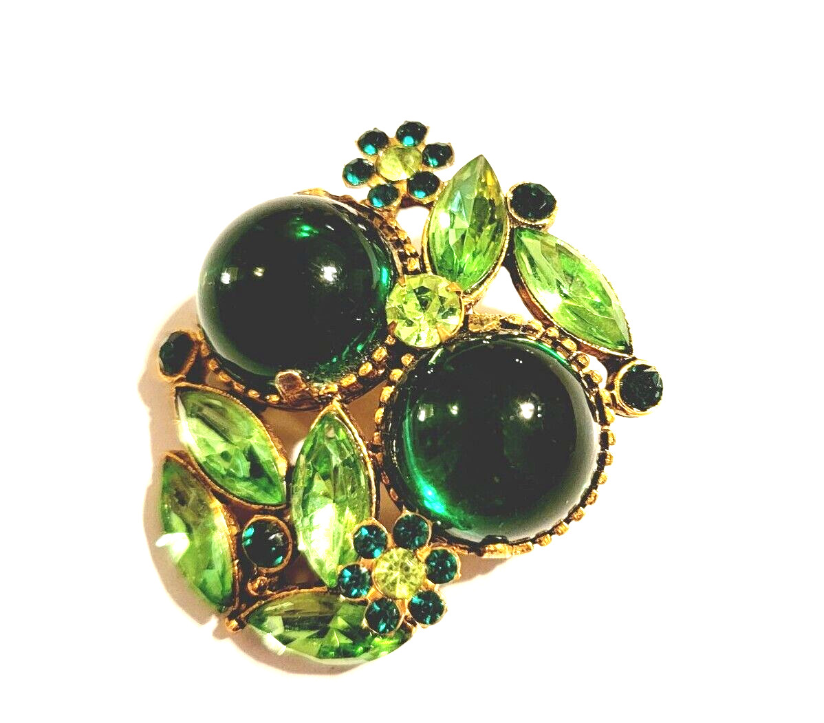 Vintage Large Gripoix Rhinestone Brooch Pin, Green Glass Floral Mogul Jewelry
