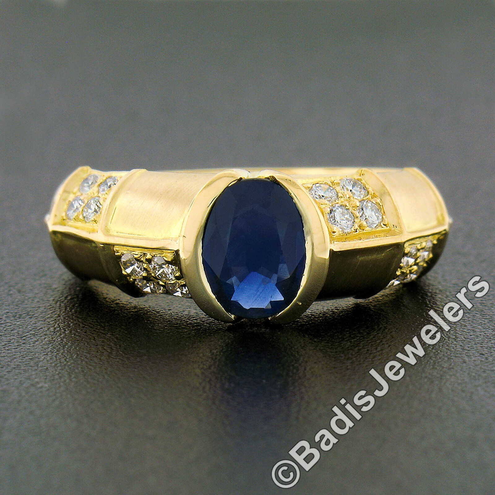 Vintage 18K Gold Oval Sapphire Solitaire w/ Pave Diamond Sides Dual Finish Ring