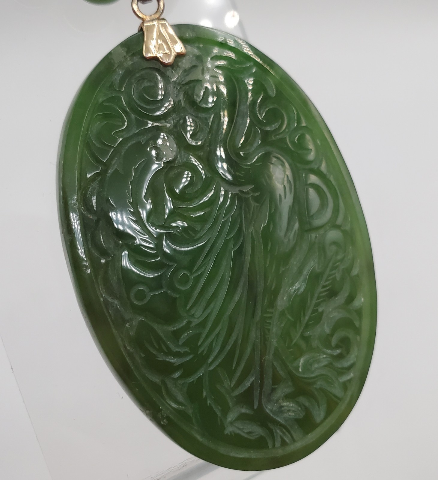 VTG 925 Spinach Jade Crane Dragon Pendant 24in Bead Necklace Carved Reversible
