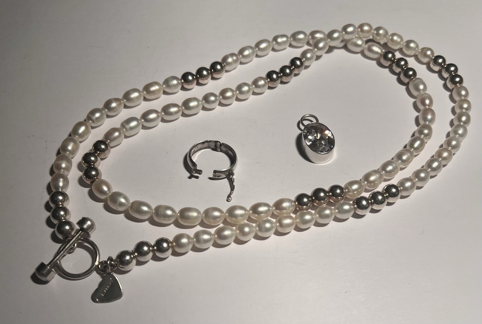 Harlene Korey Kalibre Sterling Freshwater Pearl Necklace Crystal Pendant