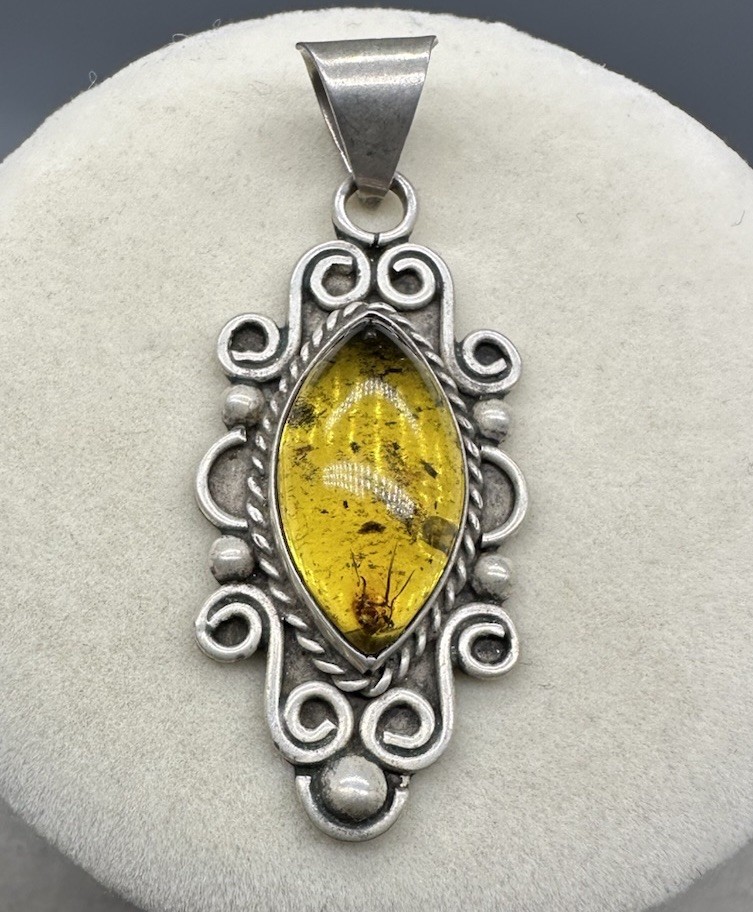Vintage Sterling Silver Pendant Amber Resin Cabochon Boho Scroll Marquise 2”