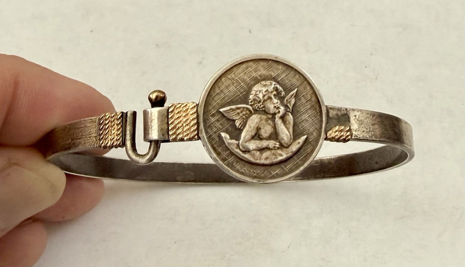 Vintage Rand Paseka Sterling Silver 14k Gold Cherub Guardian Angel Hook Bracelet