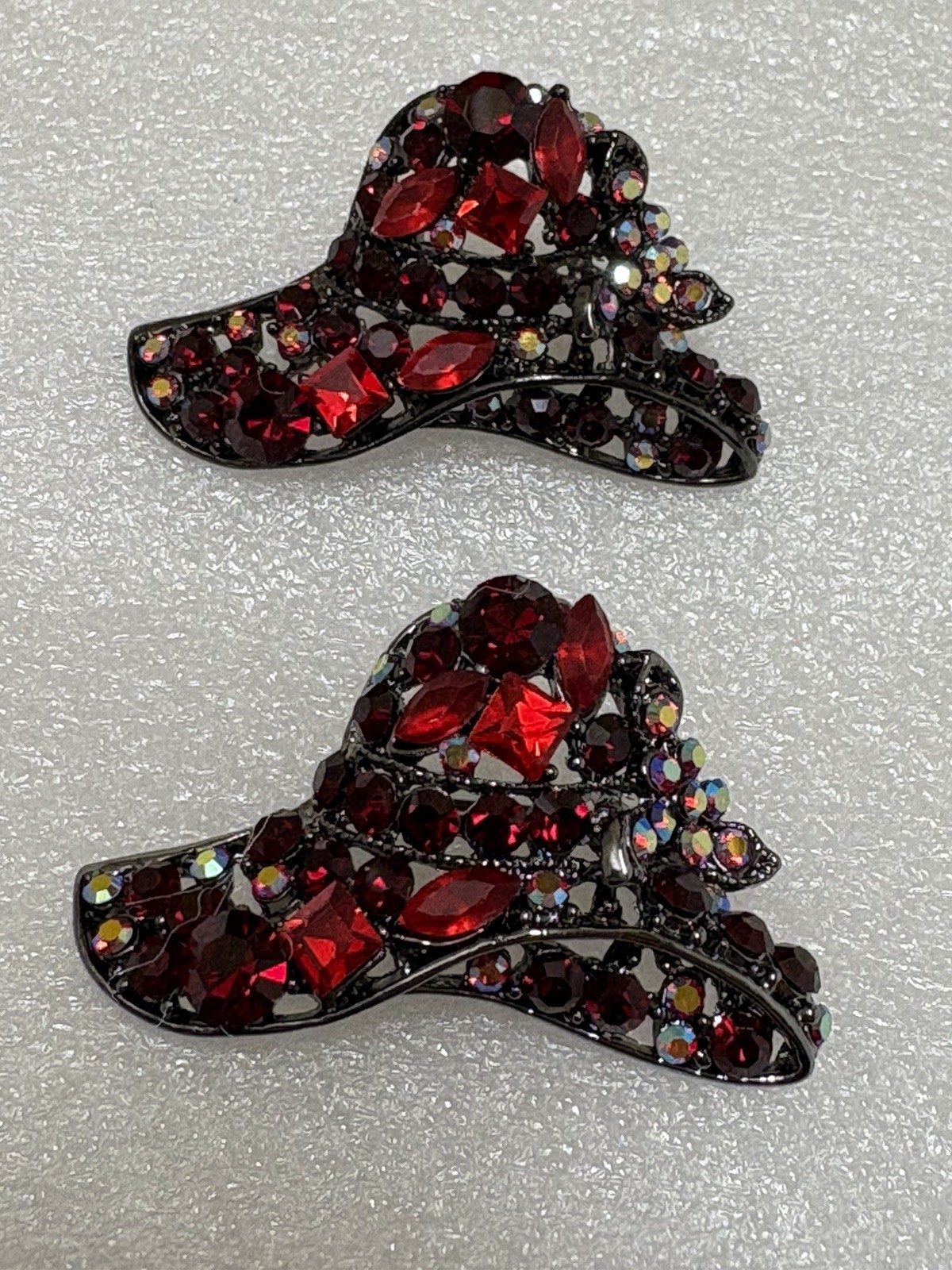 Vintage Red Iridescent Rhinestone Open Work Hat Brooch Pin Lot of 2 RHS Lovely