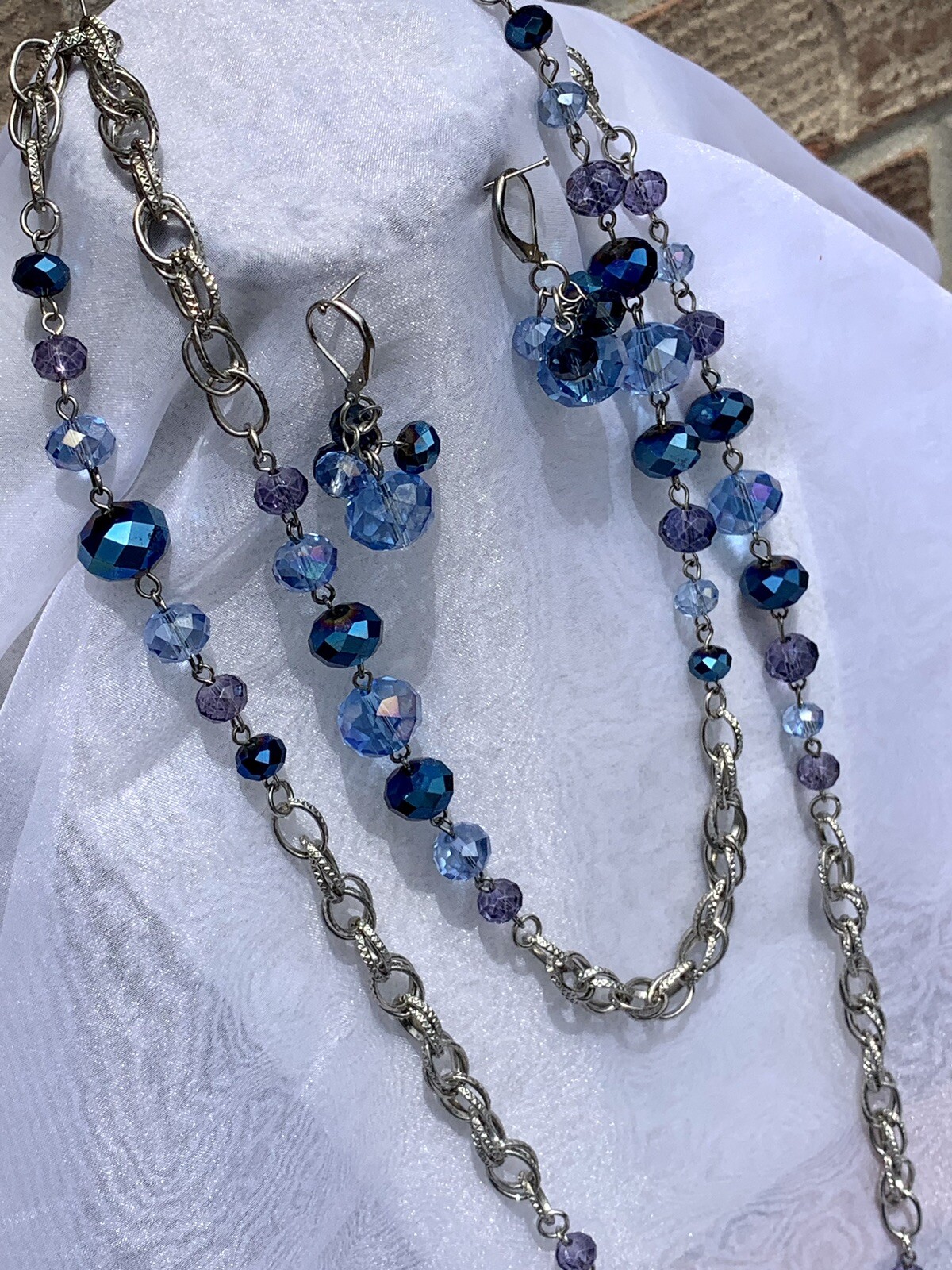 Vintage 70s Blue, Peacock & Purple Aurora Borealis Crystal Necklace Earrings Set