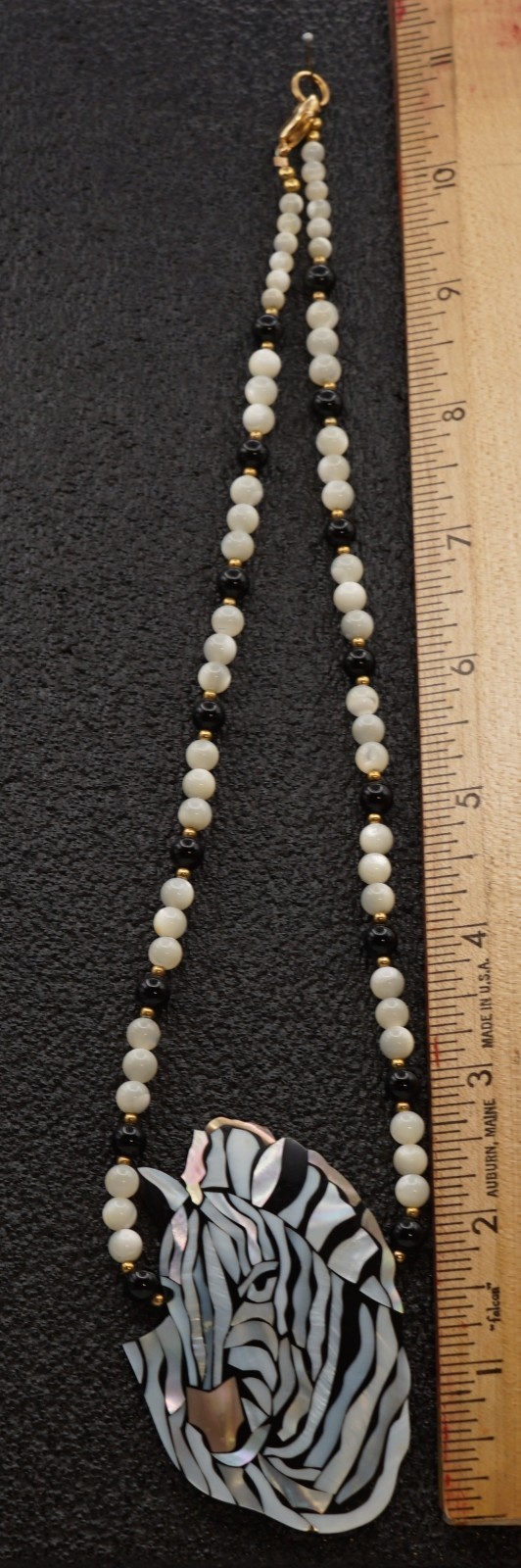 Vintage Lee Sands Safari Zebra Inlay Necklace Mother of Pearl Abalone